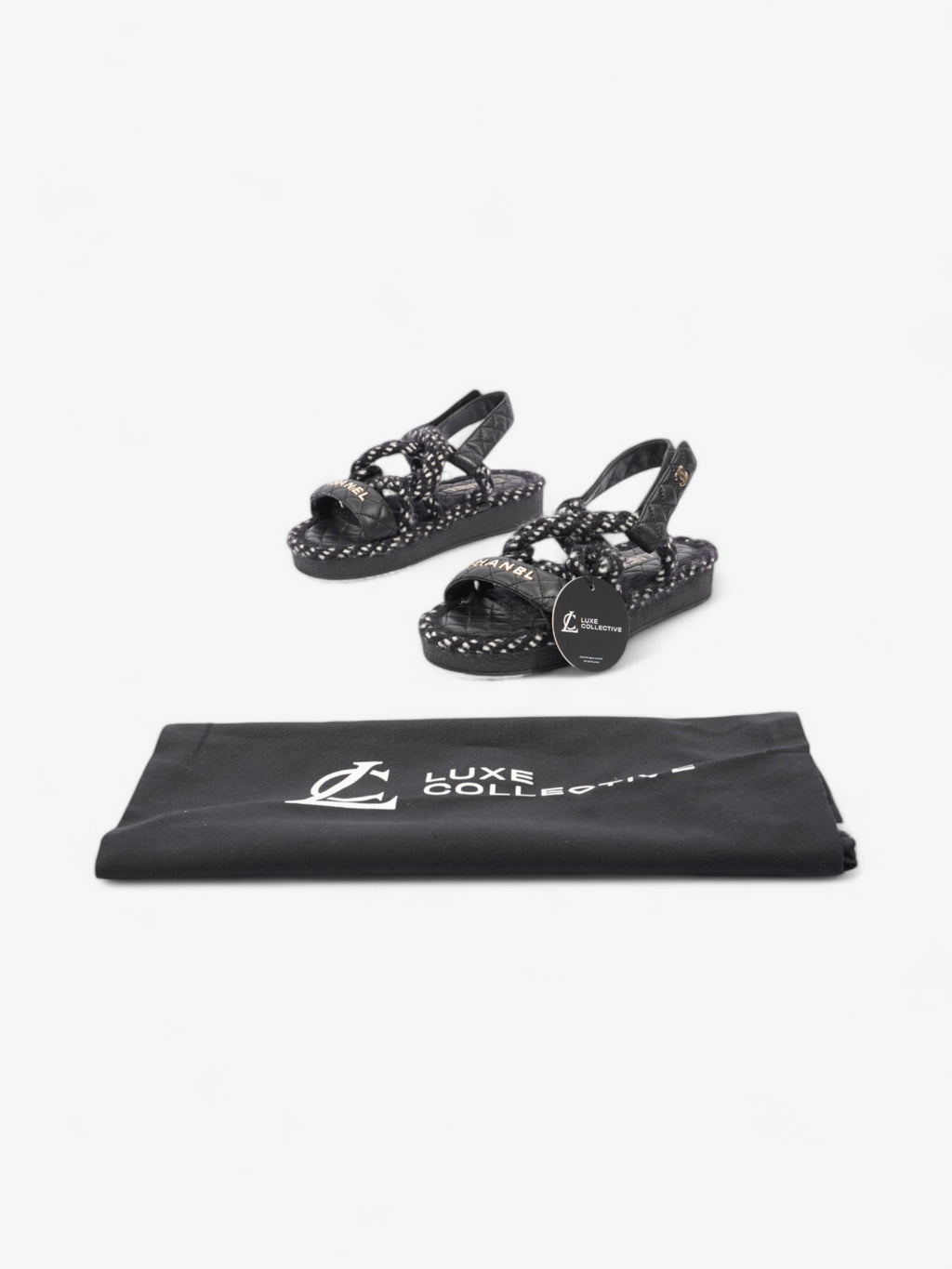 Chanel Cord Logo Sandals Black / White / Gold Lambskin Leather EU 36 UK 3