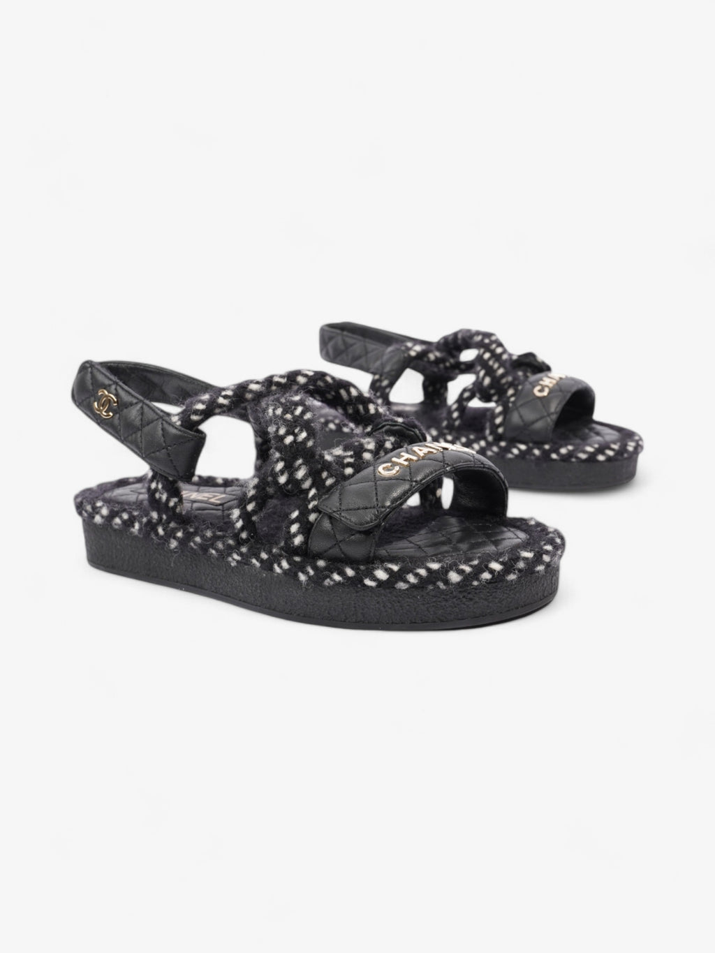 Chanel Cord Logo Sandals Black / White / Gold Lambskin Leather EU 36 UK 3