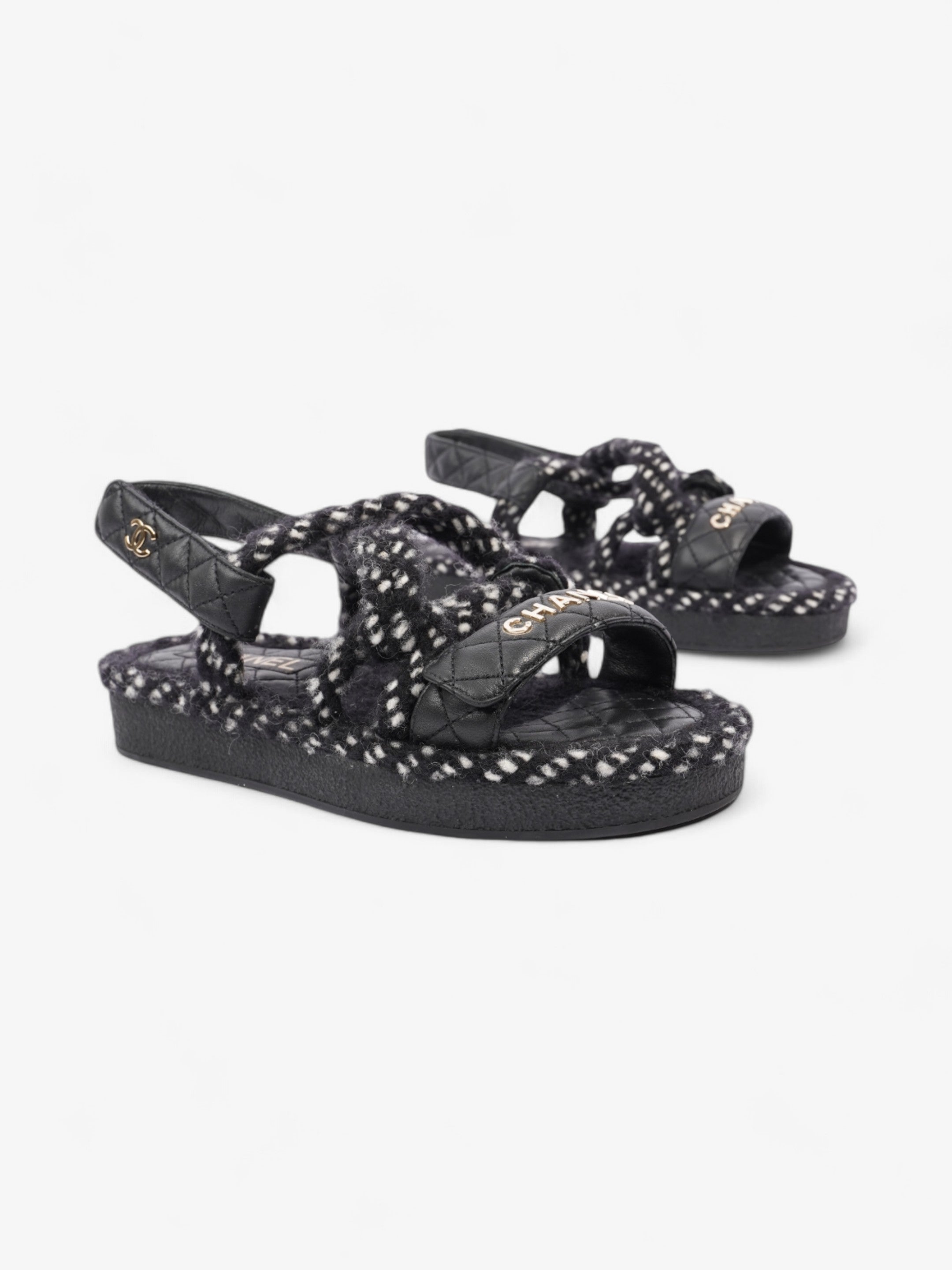 Chanel Cord Logo Sandals Black / White / Gold Lambskin Leather EU 36 UK 3