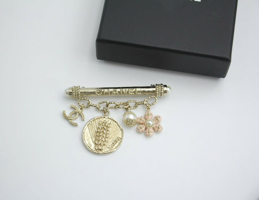 Chanel B18C Metal Wheat Ear Coin Flower Chain Brooch