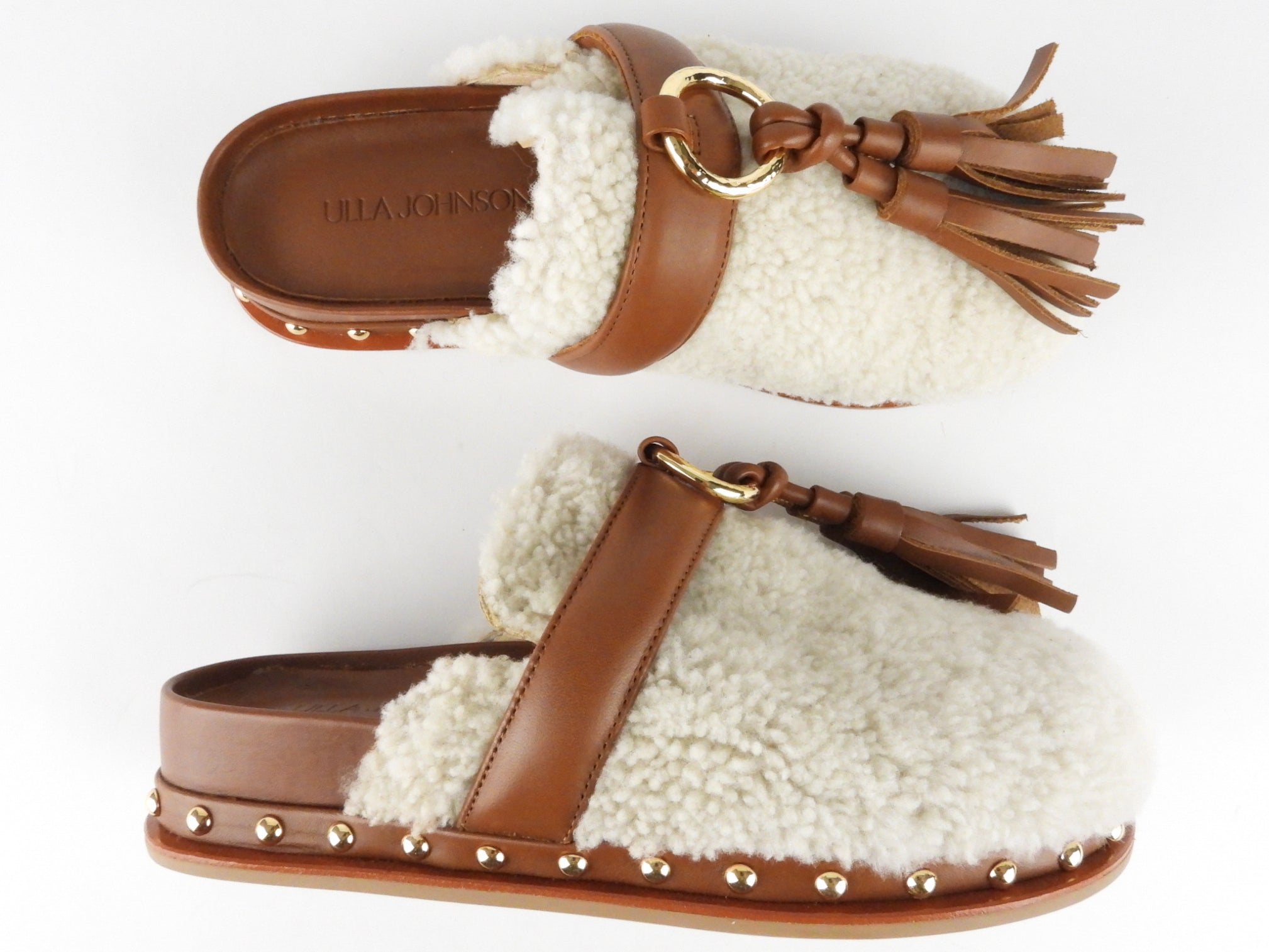 Ulla Johnson Brown Leather and Shearling Studded Platform Mule Slippers - 37
