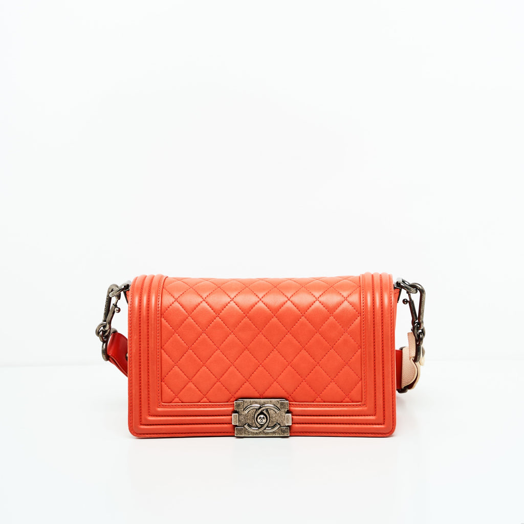 Chanel Boy Lambskin with Adjustable Strap in Orange