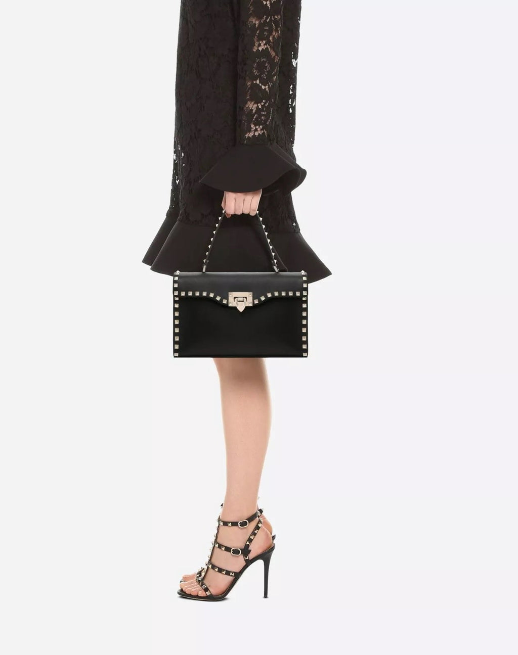 VALENTINO GRAINED CALFSKIN ROCKSTUD TOP HANDLE CROSSBODY BAG