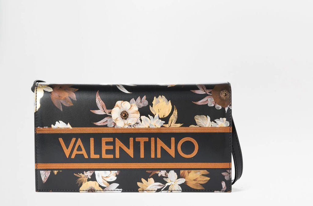 MARIO VALENTINO PURSE BLACK POLISHED LEATHER GOLD AND SILVER FLORAL