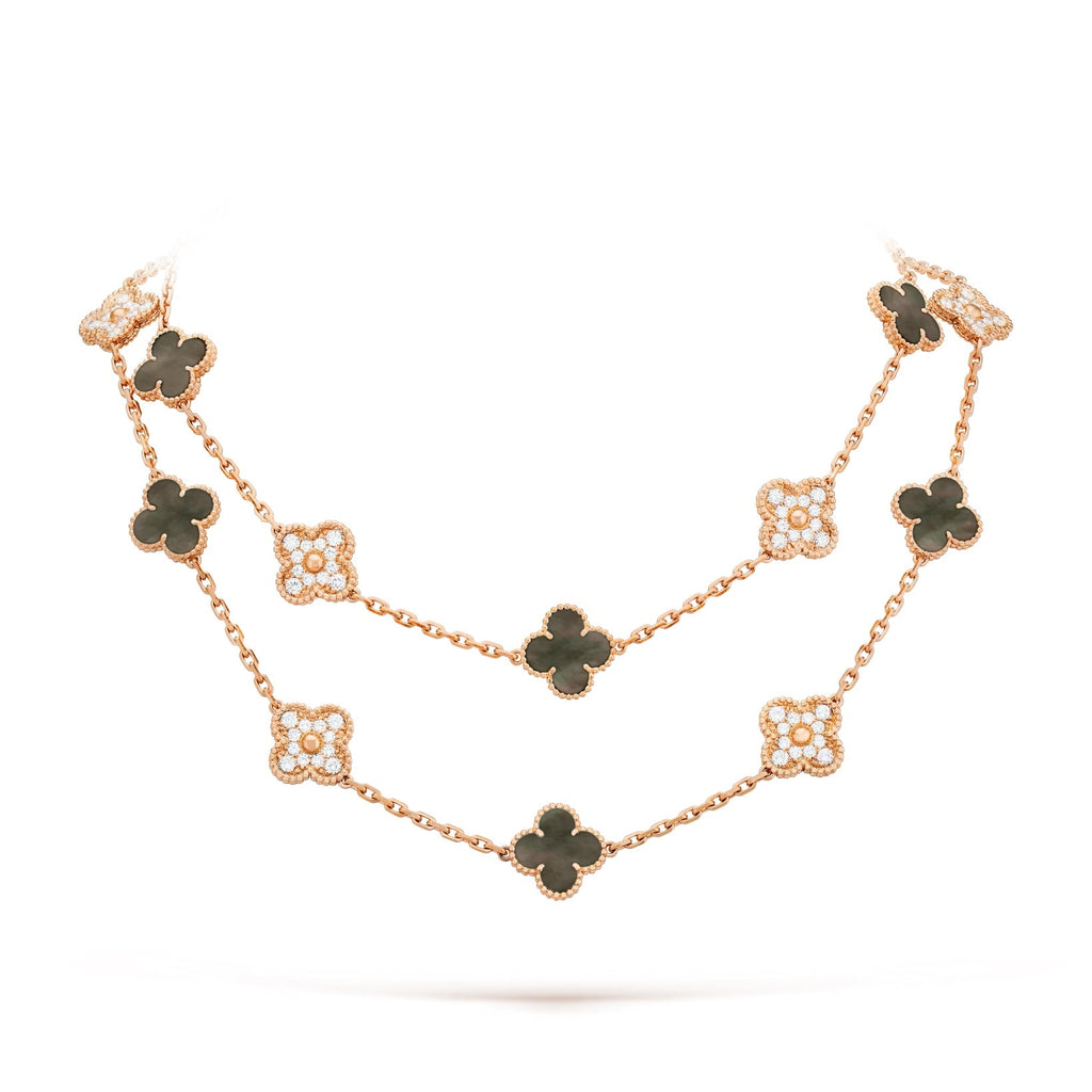 VAN CLEEF & ARPELS VINTAGE ALHAMBRA 20 MOTIFS 18K GOLD DIAMOND MOTHER OF PEARL NECKLACE
