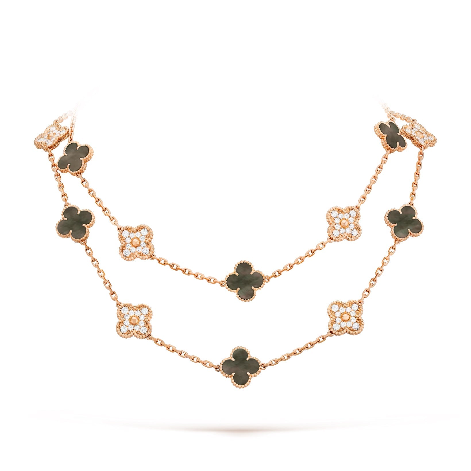 VAN CLEEF & ARPELS VINTAGE ALHAMBRA 20 MOTIFS 18K GOLD DIAMOND MOTHER OF PEARL NECKLACE