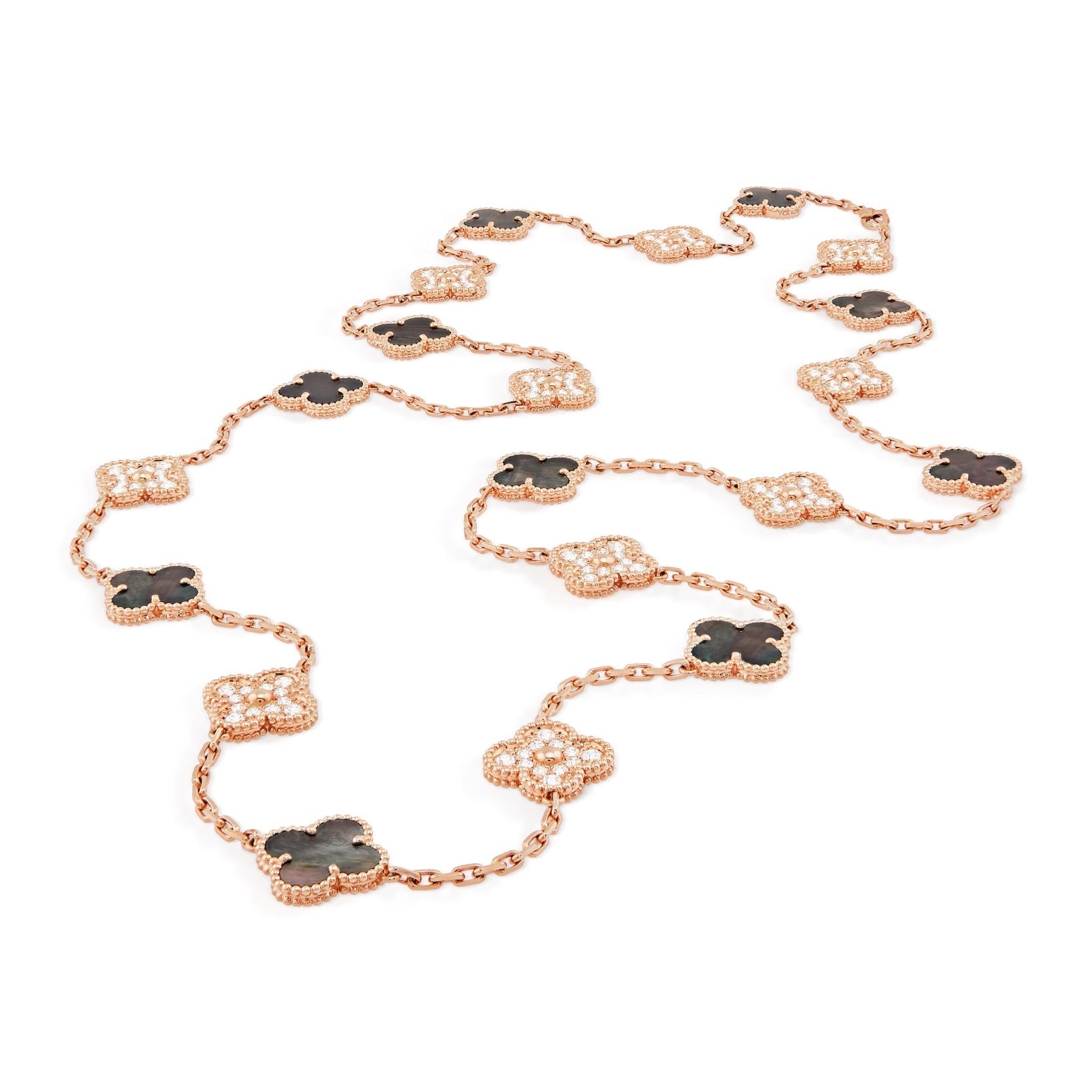 VAN CLEEF & ARPELS VINTAGE ALHAMBRA 20 MOTIFS 18K GOLD DIAMOND MOTHER OF PEARL NECKLACE
