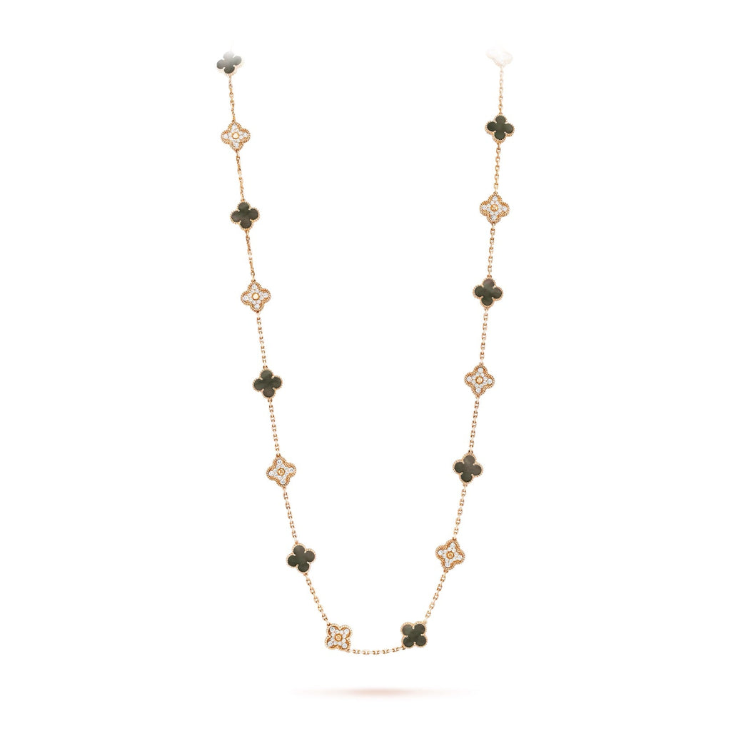 VAN CLEEF & ARPELS VINTAGE ALHAMBRA 20 MOTIFS 18K GOLD DIAMOND MOTHER OF PEARL NECKLACE