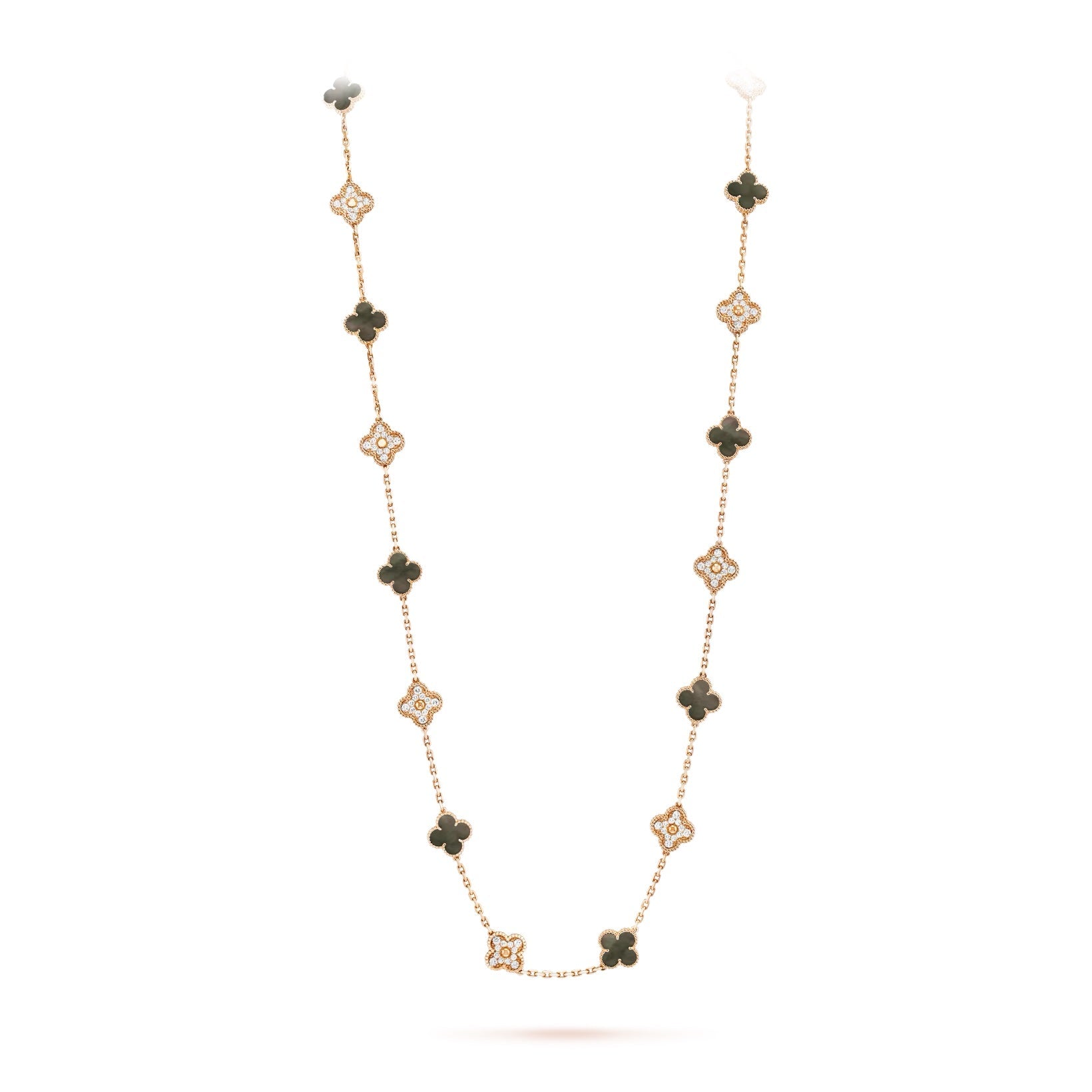 VAN CLEEF & ARPELS VINTAGE ALHAMBRA 20 MOTIFS 18K GOLD DIAMOND MOTHER OF PEARL NECKLACE
