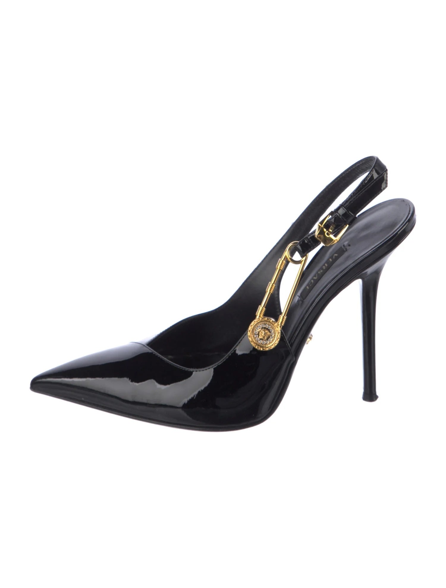 VERSACE MEDUSA PATENT LEATHER SAFETY PIN SLINGBACK PUMPS