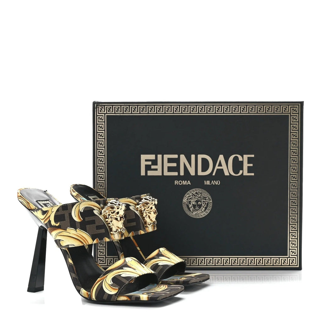 FENDI X VERSACE SILK FENDACE BAROQUE LA MEDUSA MULES