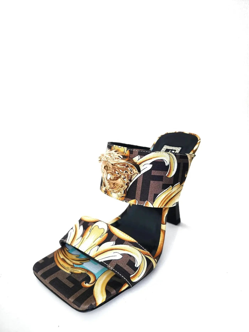 FENDI X VERSACE SILK FENDACE BAROQUE LA MEDUSA MULES