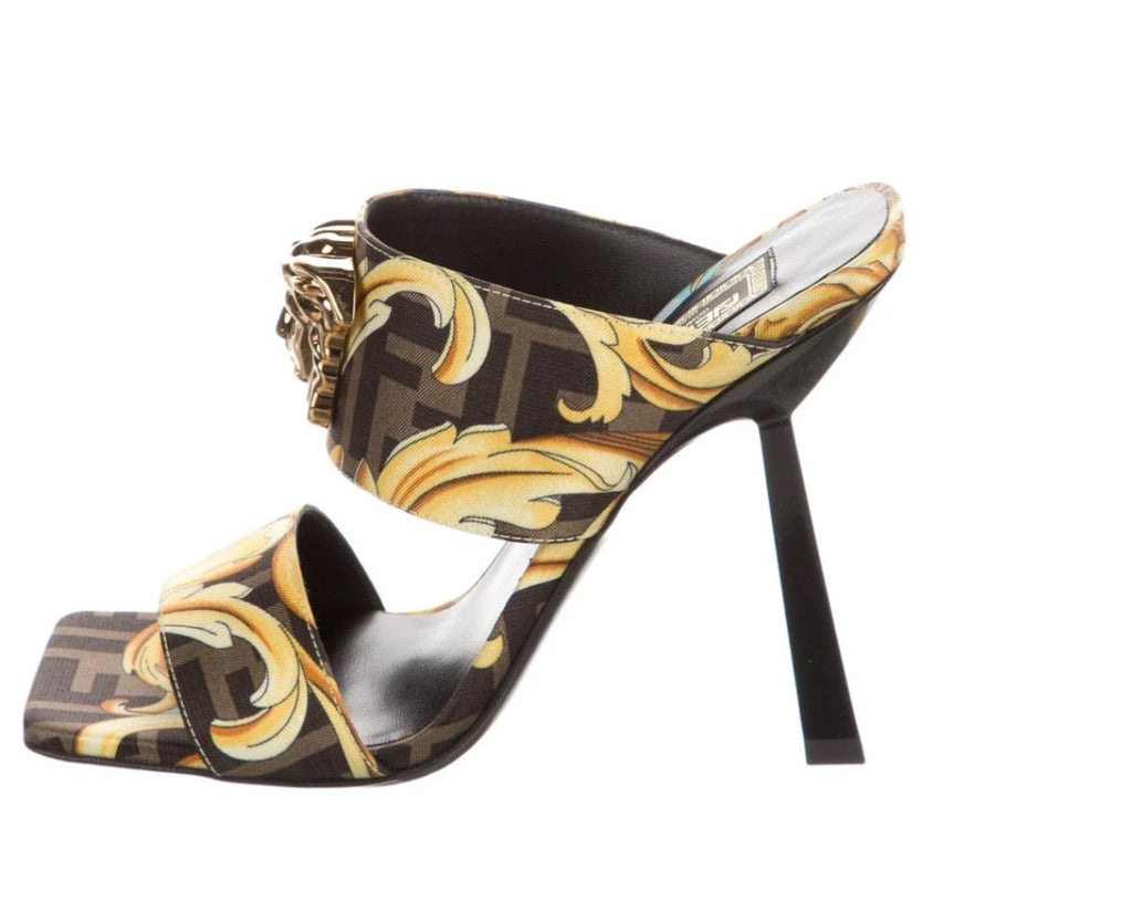 FENDI X VERSACE SILK FENDACE BAROQUE LA MEDUSA MULES