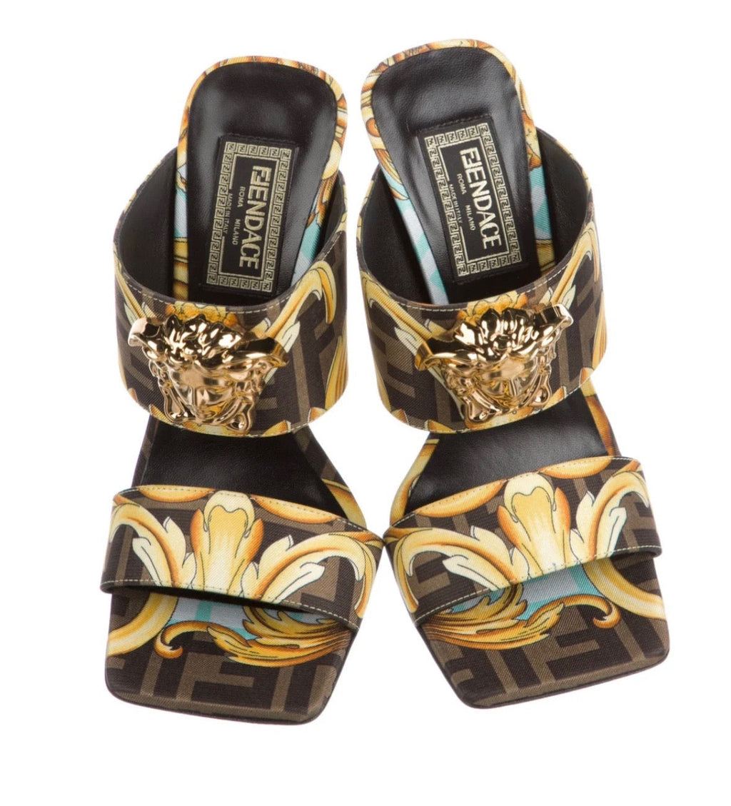 FENDI X VERSACE SILK FENDACE BAROQUE LA MEDUSA MULES
