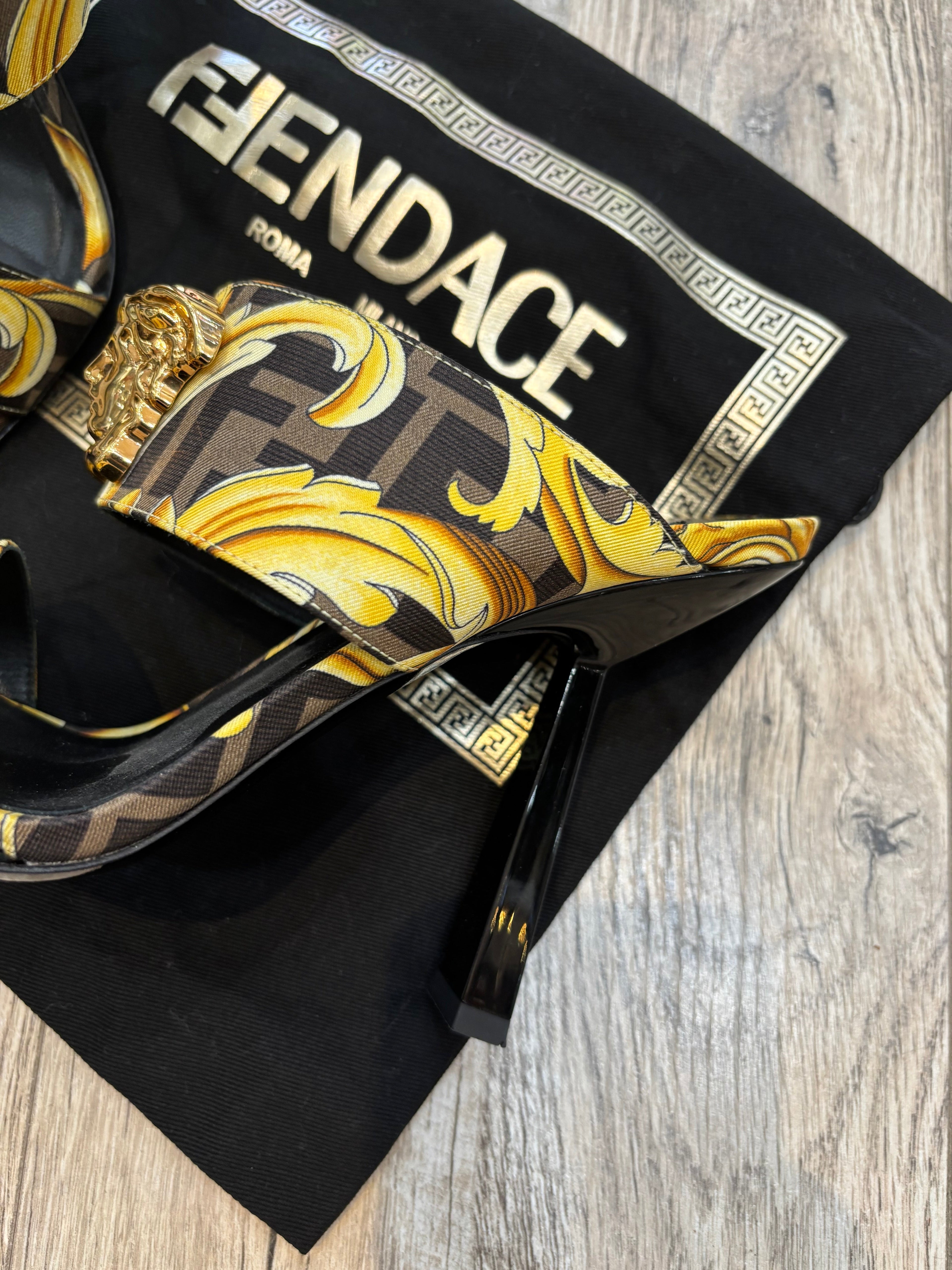 FENDI X VERSACE SILK FENDACE BAROQUE LA MEDUSA MULES
