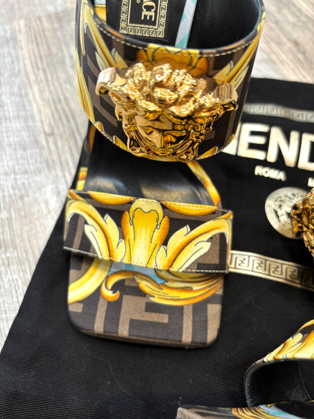 FENDI X VERSACE SILK FENDACE BAROQUE LA MEDUSA MULES