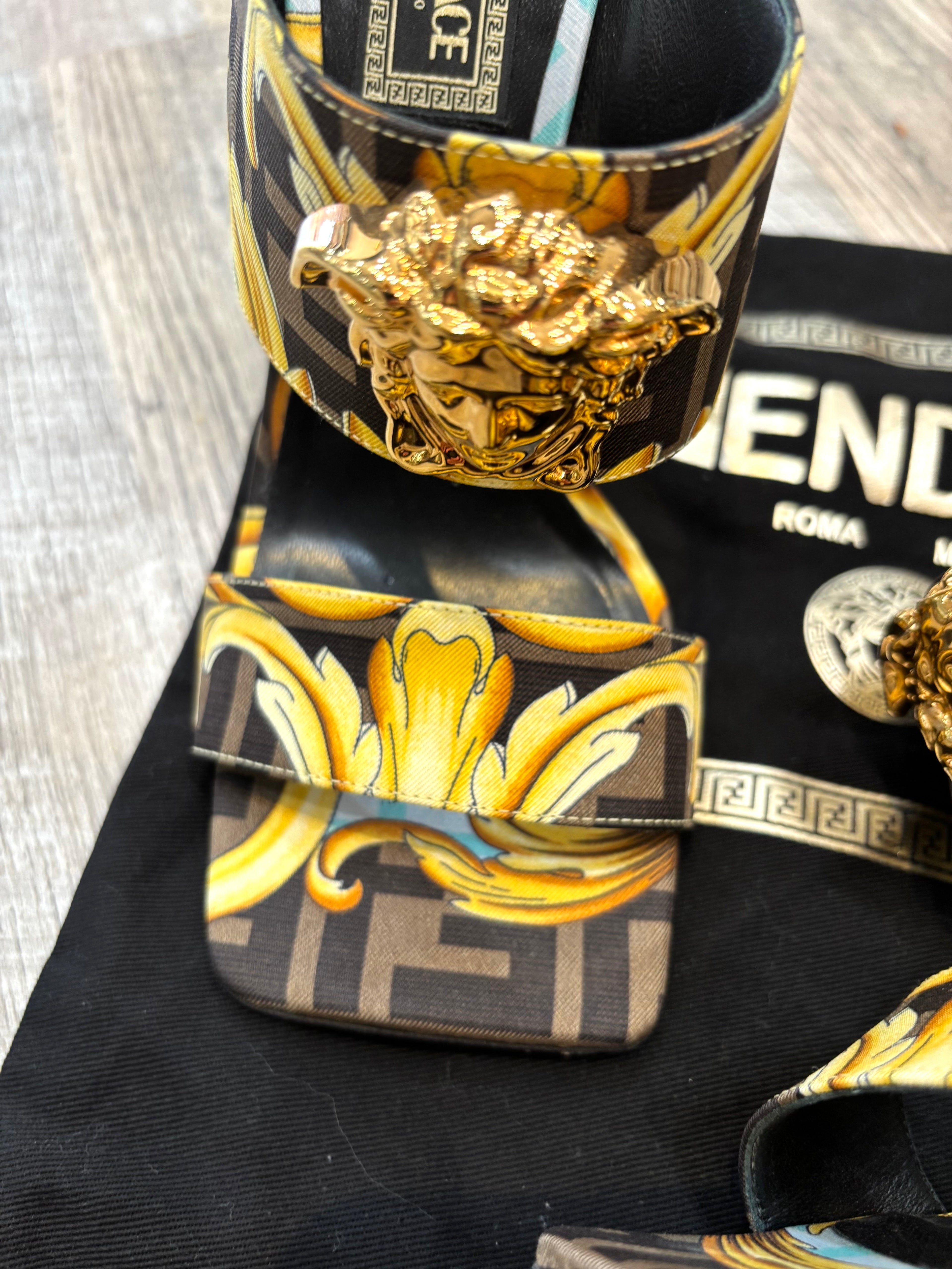FENDI X VERSACE SILK FENDACE BAROQUE LA MEDUSA MULES