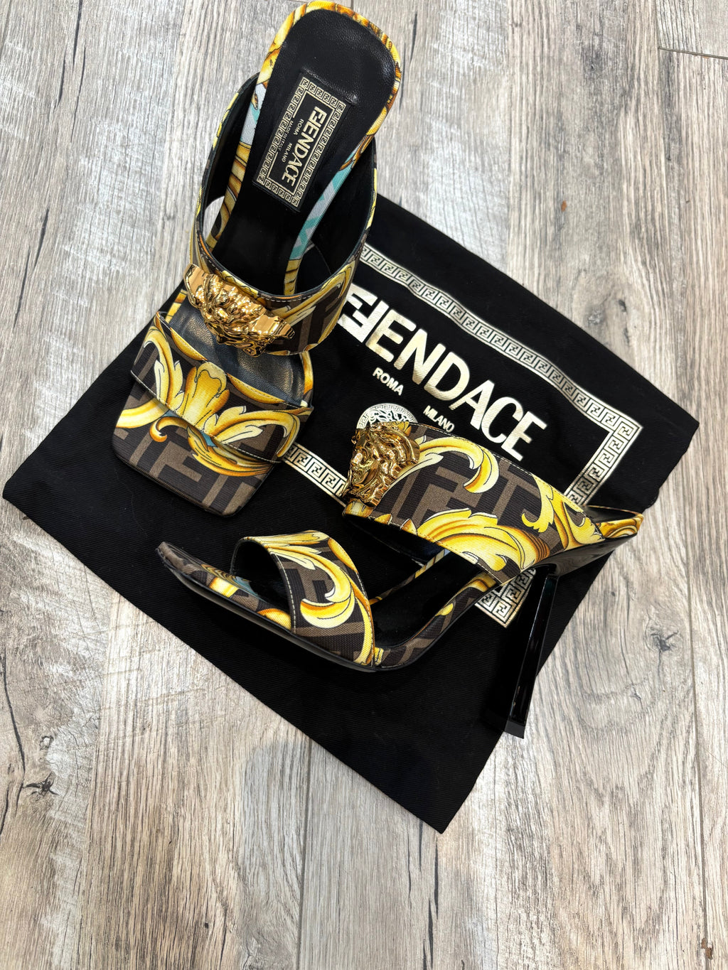 FENDI X VERSACE SILK FENDACE BAROQUE LA MEDUSA MULES