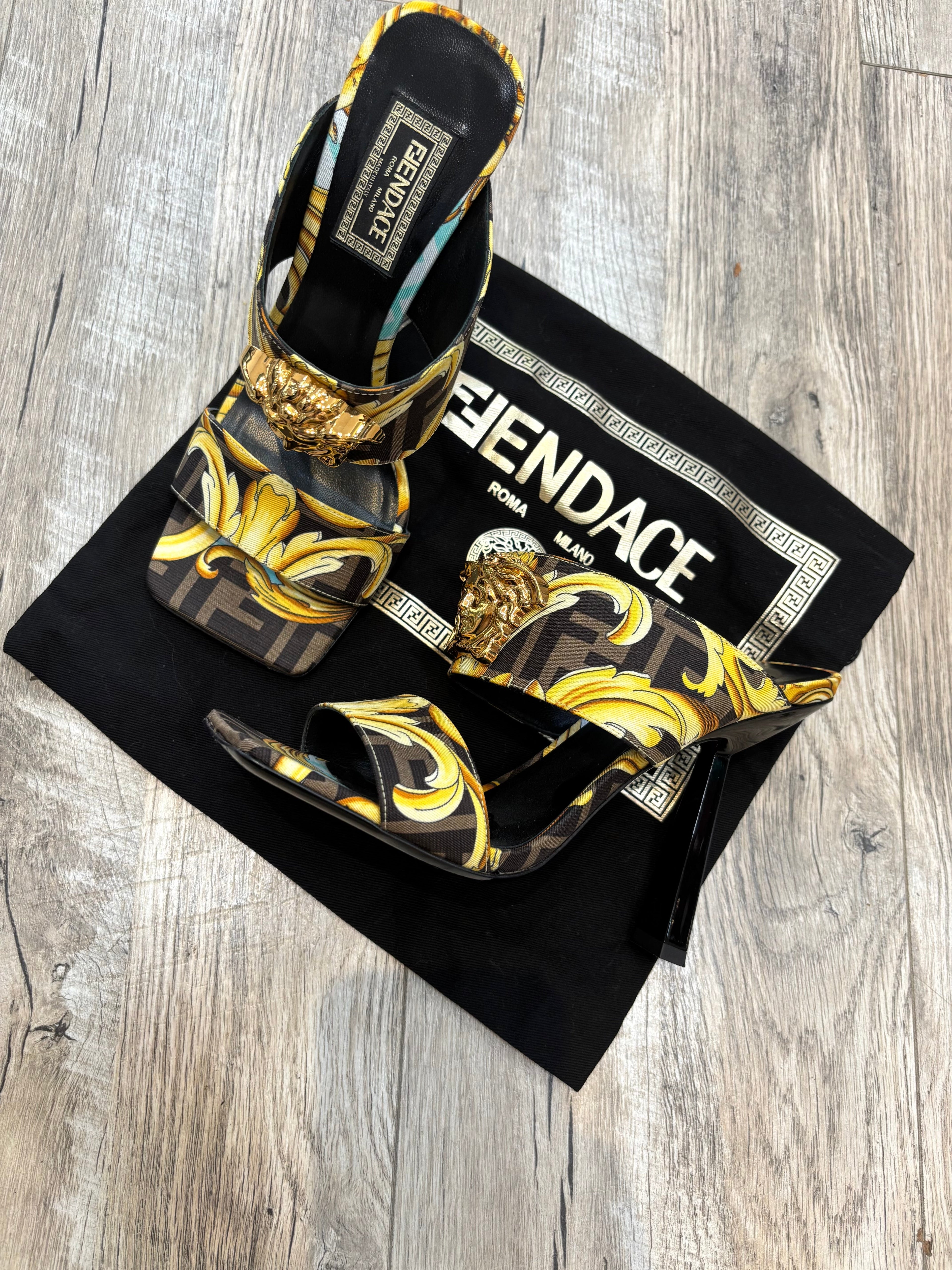 FENDI X VERSACE SILK FENDACE BAROQUE LA MEDUSA MULES
