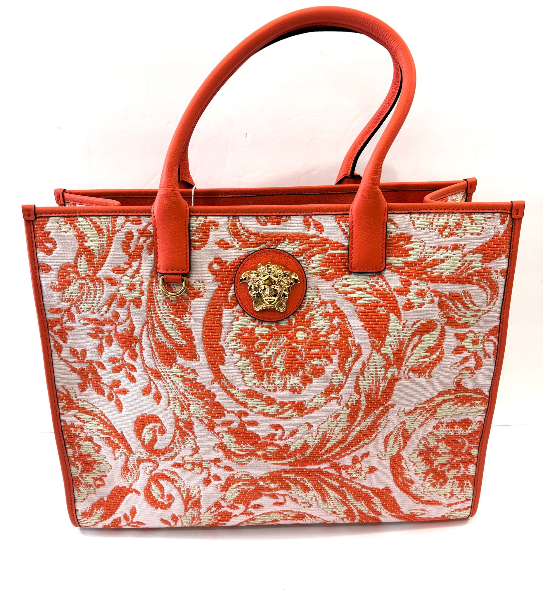 VERSACE BAROCCO RAFIA & LEATHER GOLD MEDUSA MEDIUM TOTE