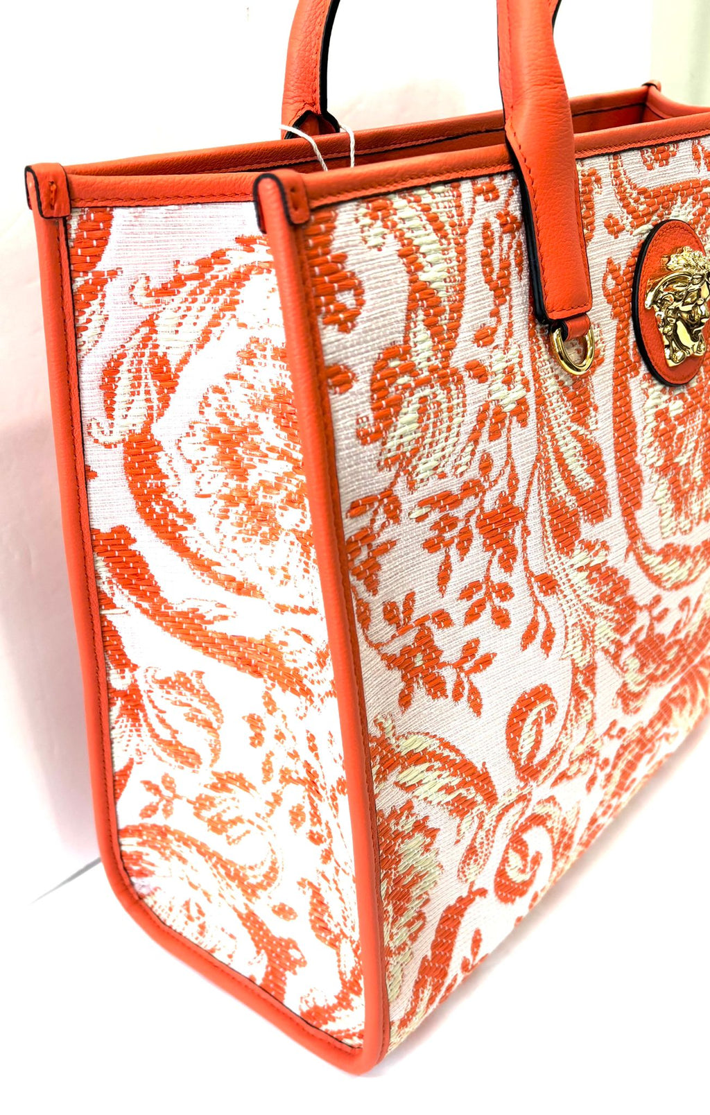 VERSACE BAROCCO RAFIA & LEATHER GOLD MEDUSA MEDIUM TOTE