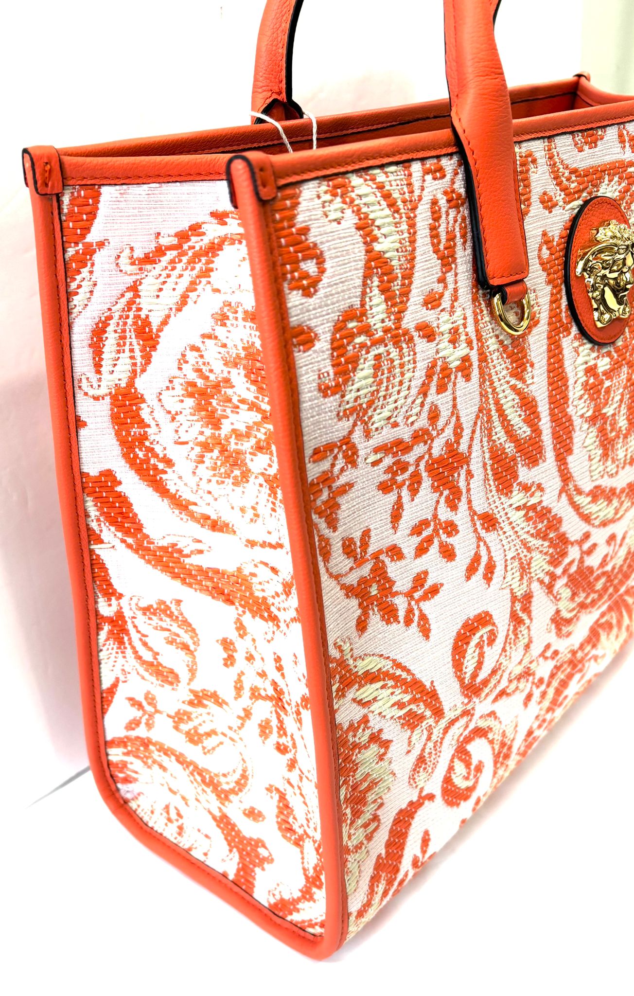 VERSACE BAROCCO RAFIA & LEATHER GOLD MEDUSA MEDIUM TOTE