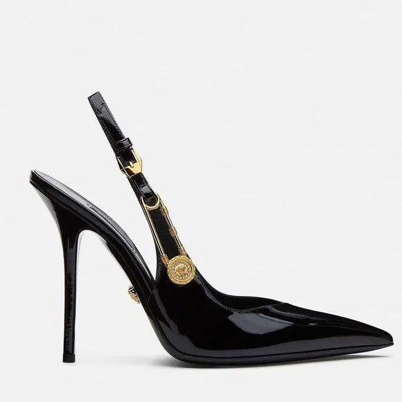 VERSACE MEDUSA PATENT LEATHER SAFETY PIN SLINGBACK PUMPS