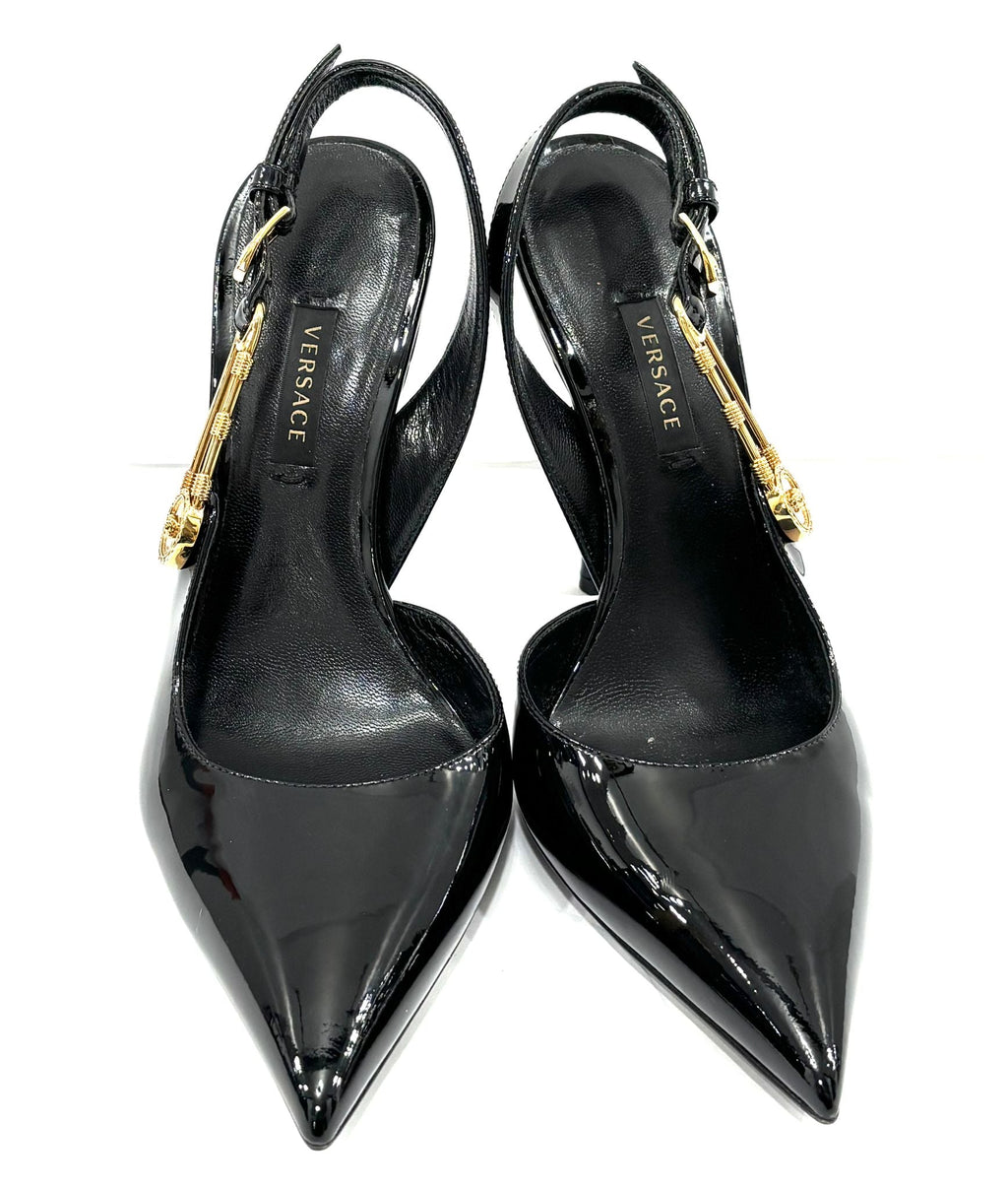 VERSACE MEDUSA PATENT LEATHER SAFETY PIN SLINGBACK PUMPS