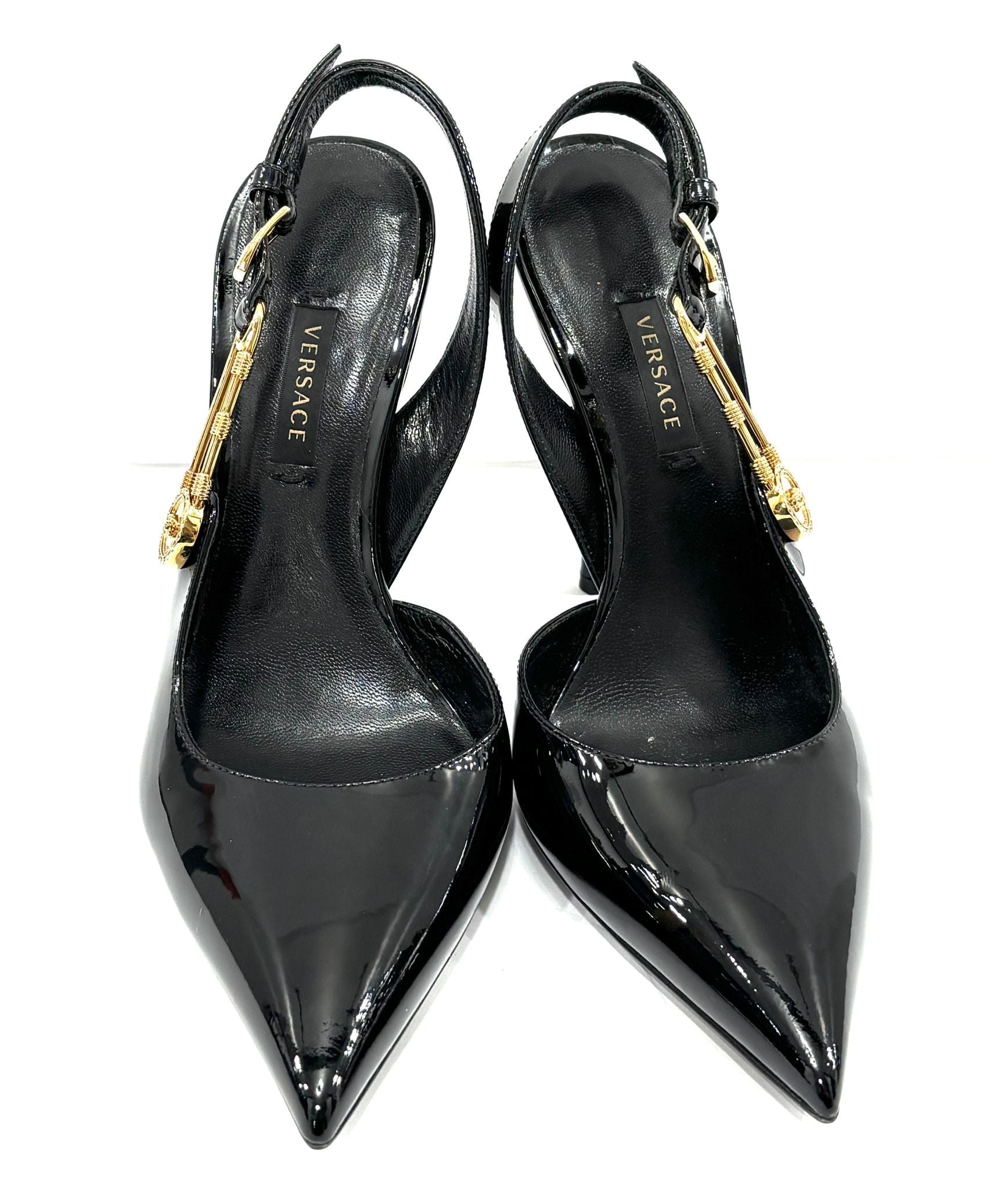 VERSACE MEDUSA PATENT LEATHER SAFETY PIN SLINGBACK PUMPS