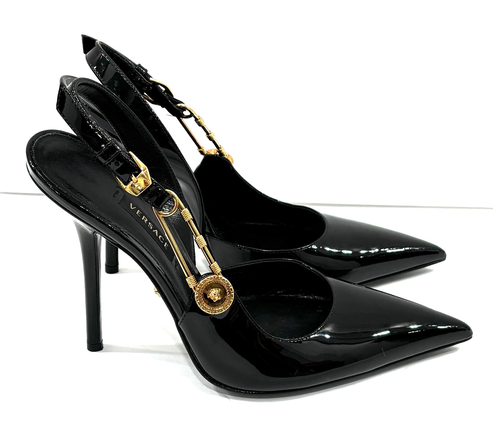 VERSACE MEDUSA PATENT LEATHER SAFETY PIN SLINGBACK PUMPS