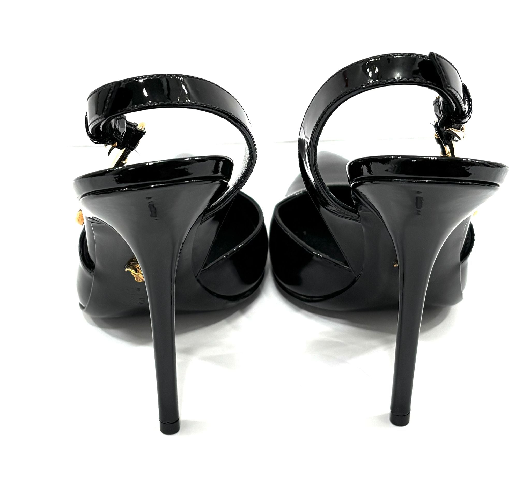 VERSACE MEDUSA PATENT LEATHER SAFETY PIN SLINGBACK PUMPS