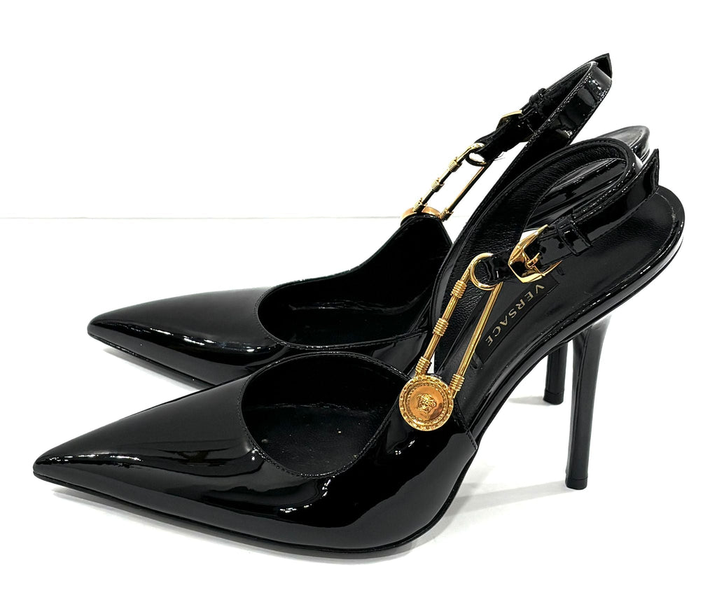 VERSACE MEDUSA PATENT LEATHER SAFETY PIN SLINGBACK PUMPS