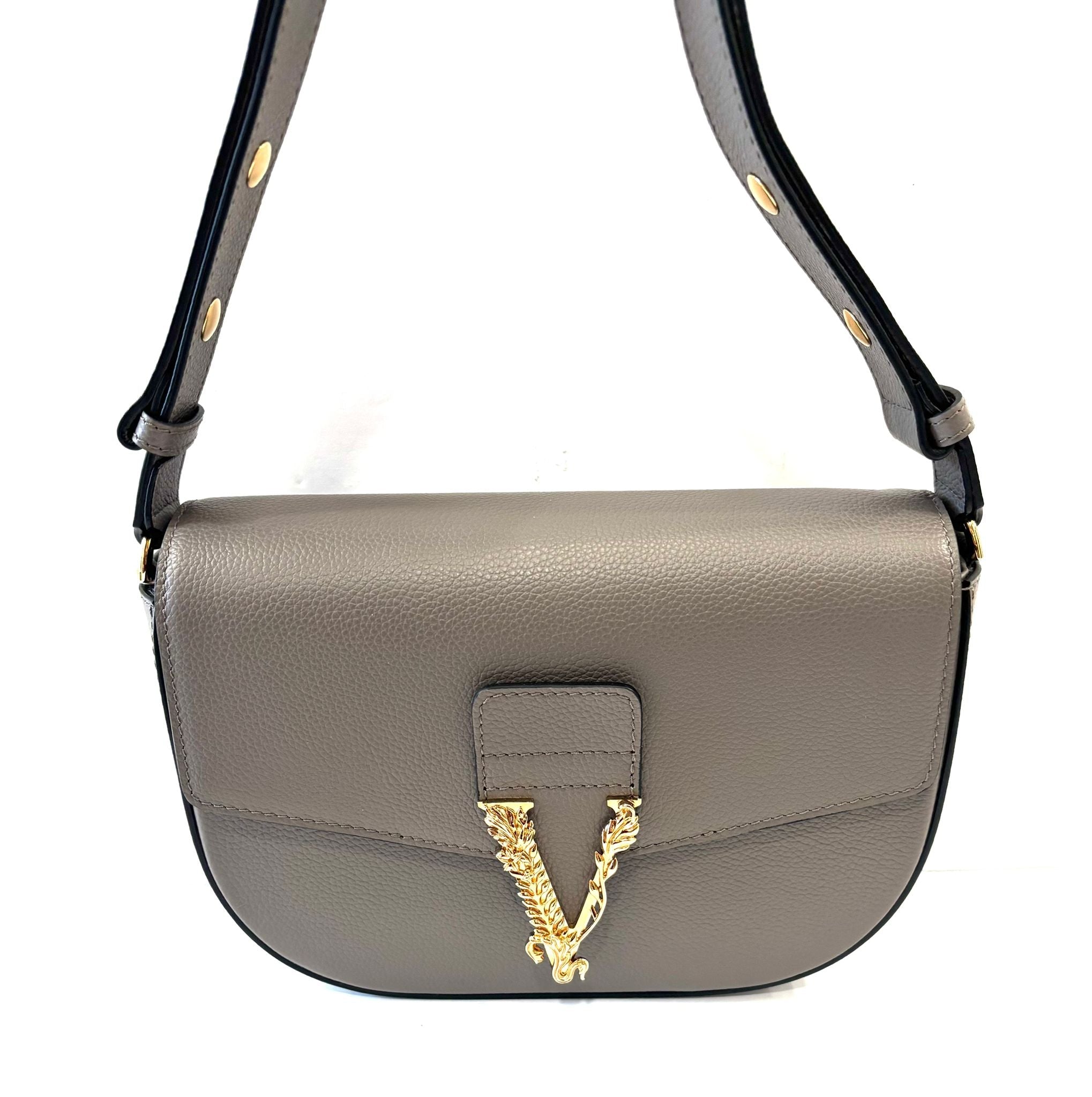 VERSACE VIRTUS GRAINED CALFSKIN LEATHER HANDBAG