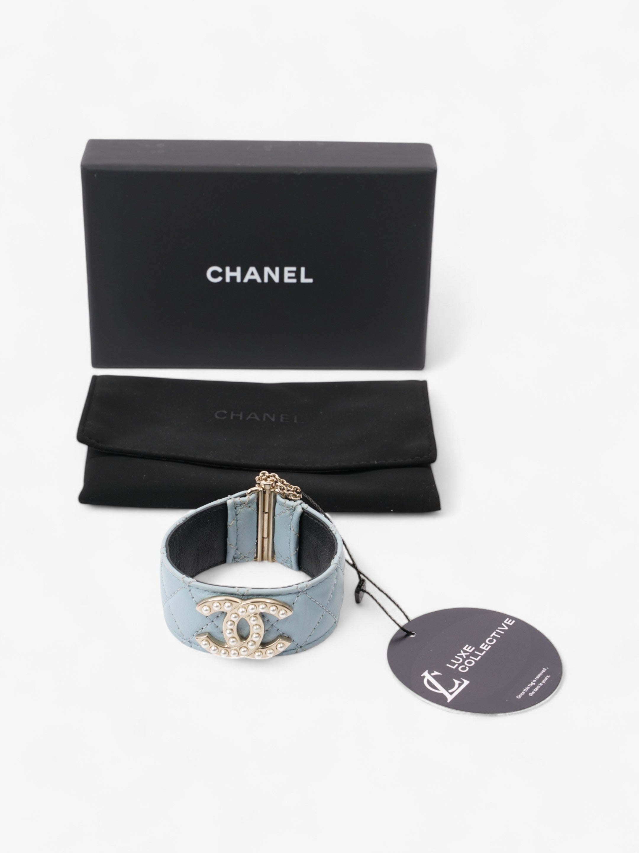 Chanel CC Pearl Cuff Bracelet Baby Blue / Light Gold Leather