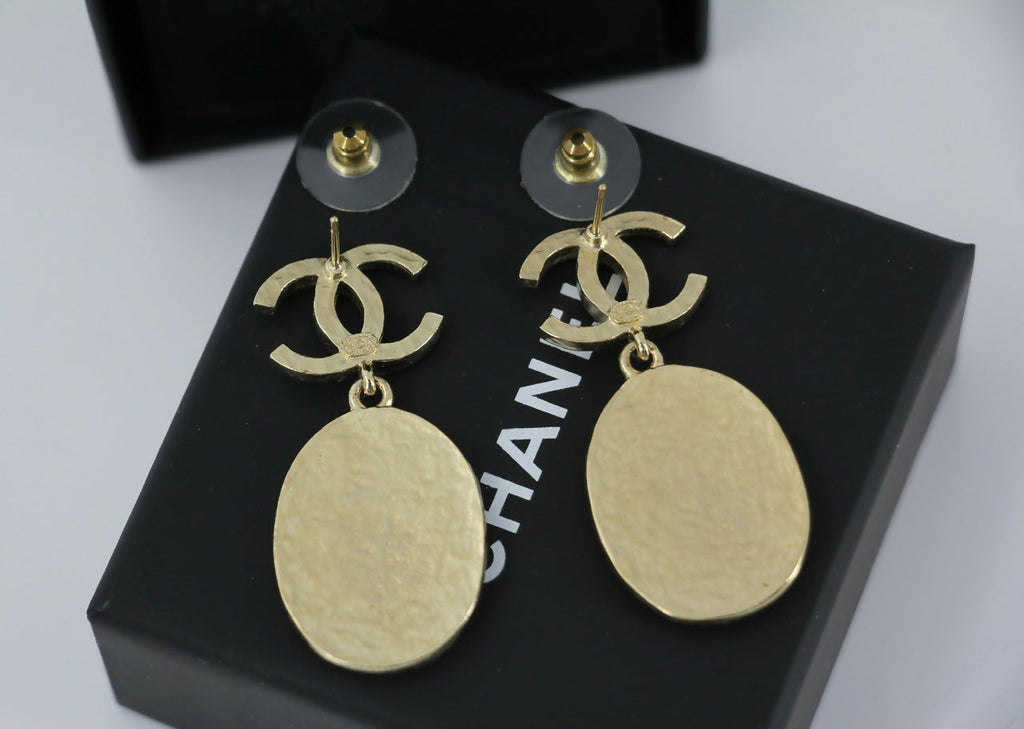 Chanel F21A Rhinestone CC Crown Dangle Stud Earrings