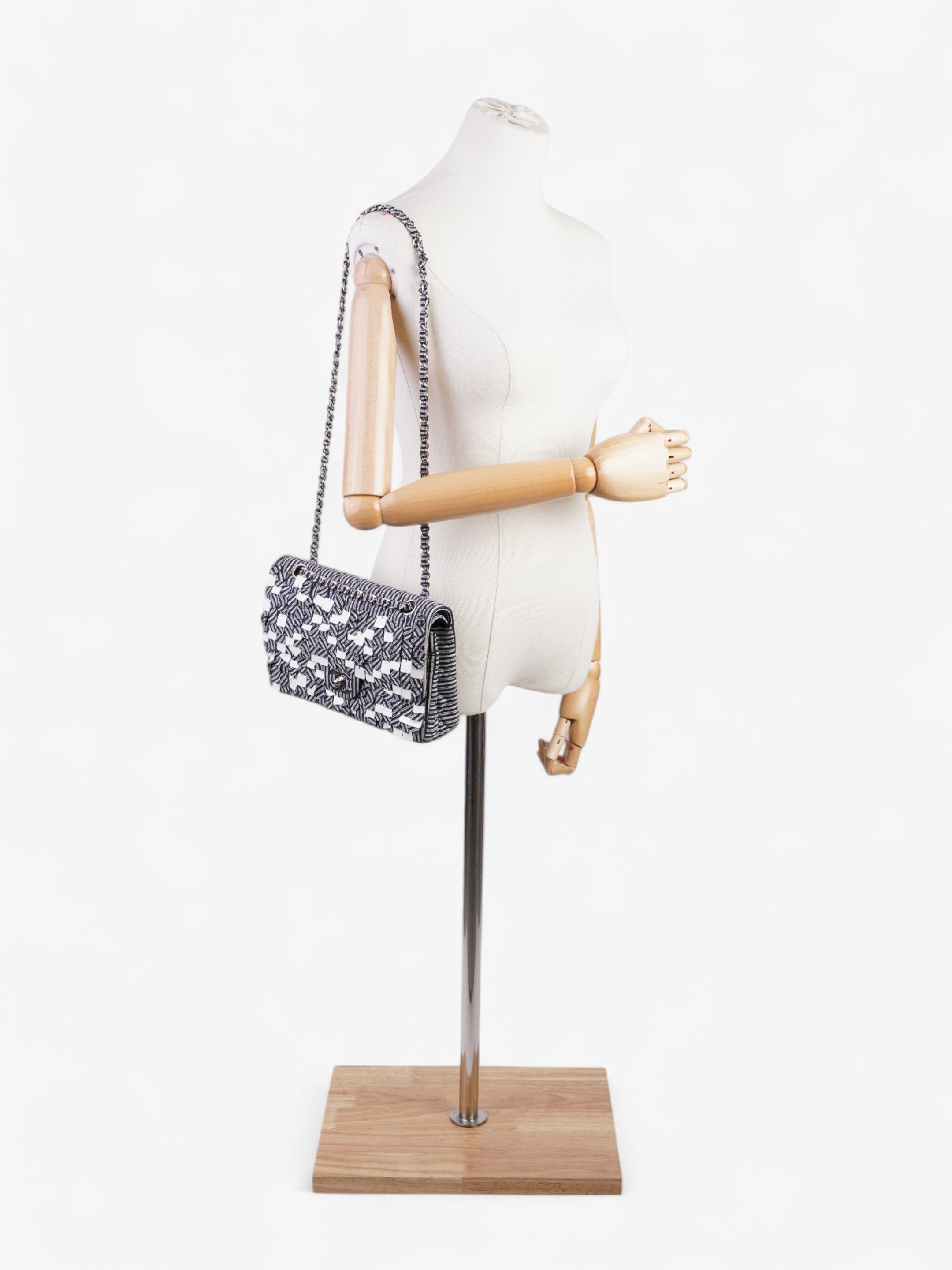 Chanel Classic Double Flap Navy Blue / White Cotton Medium