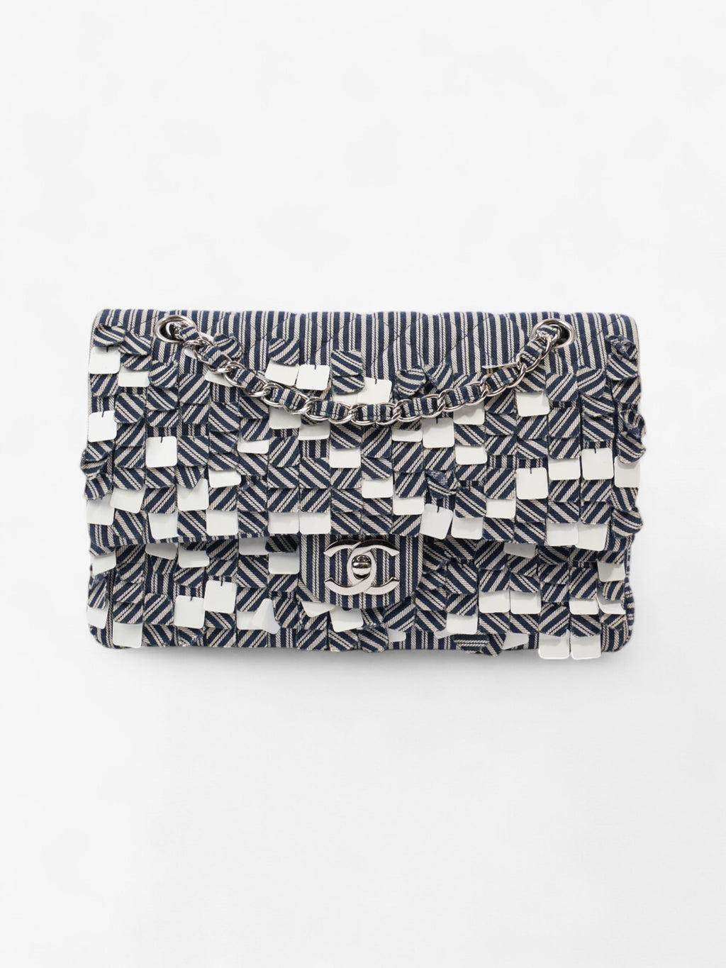 Chanel Classic Double Flap Navy Blue / White Cotton Medium