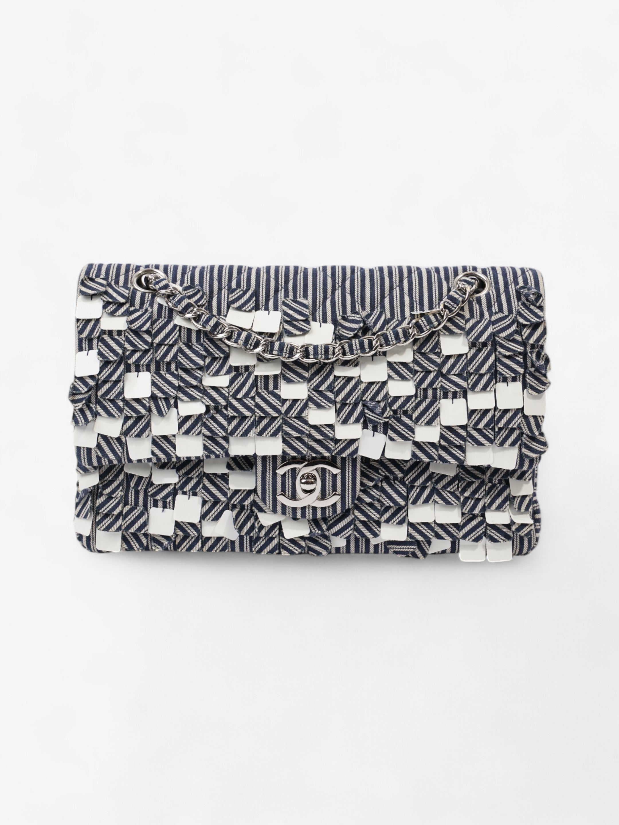 Chanel Classic Double Flap Navy Blue / White Cotton Medium