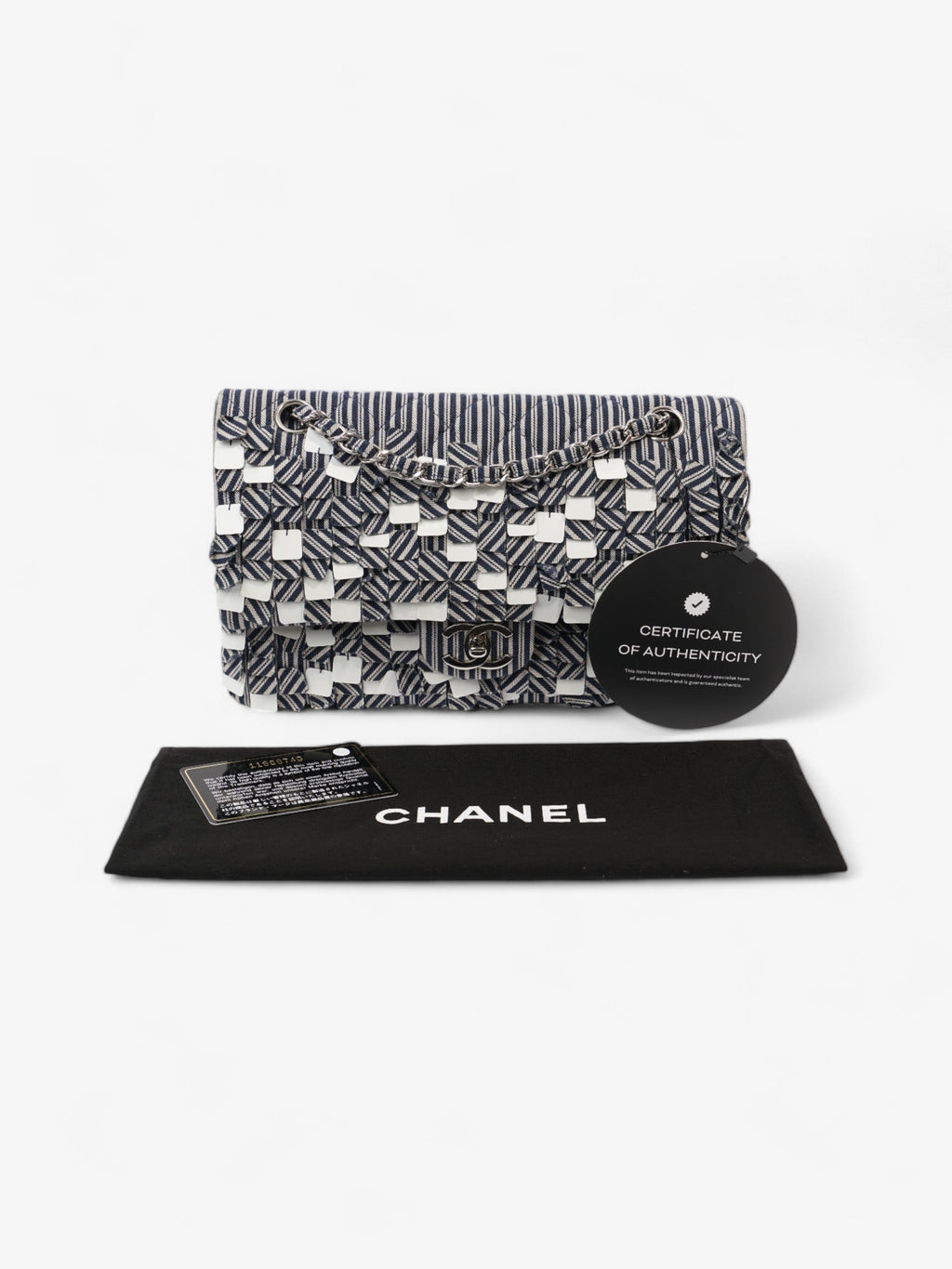 Chanel Classic Double Flap Navy Blue / White Cotton Medium