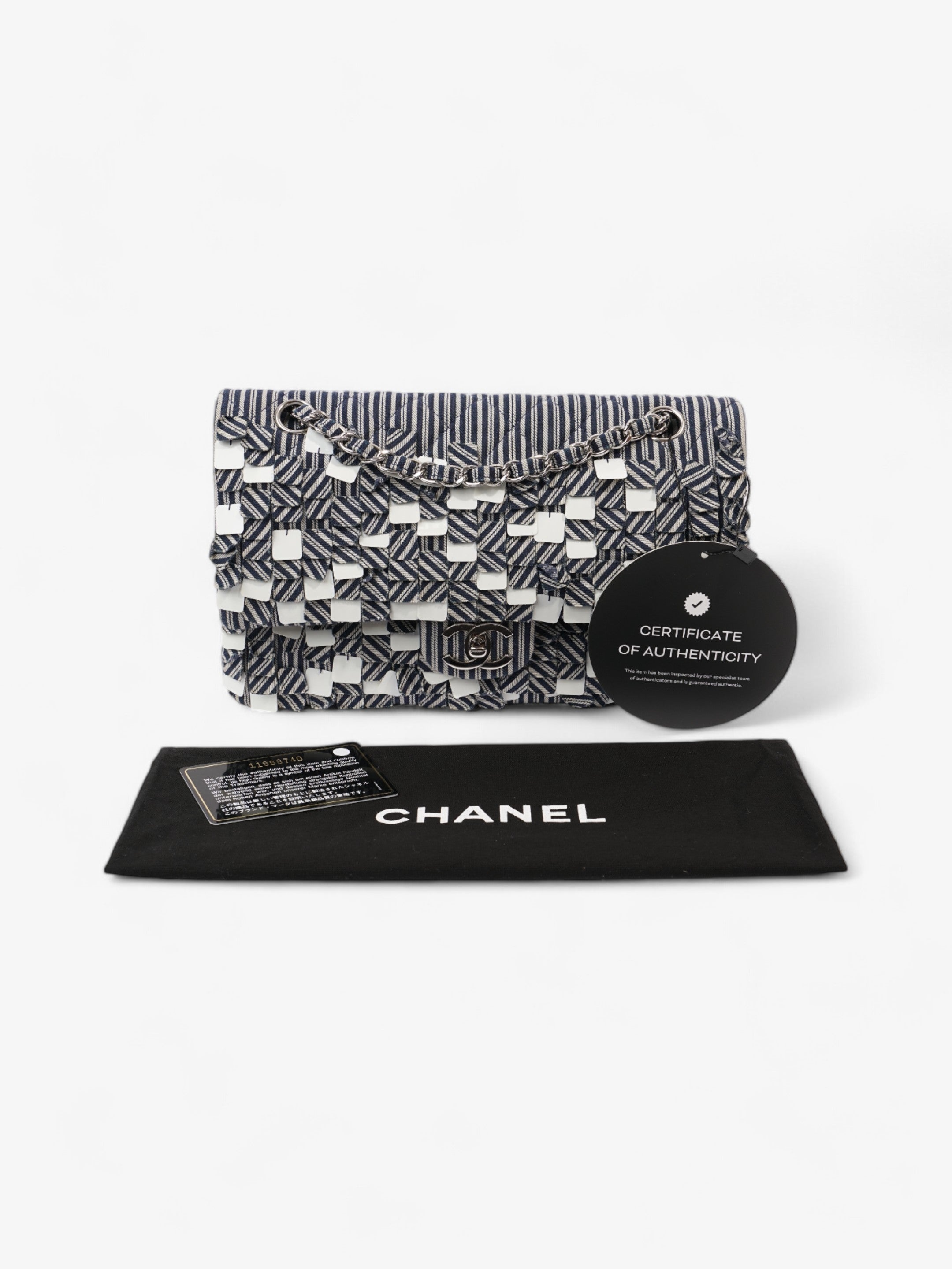 Chanel Classic Double Flap Navy Blue / White Cotton Medium