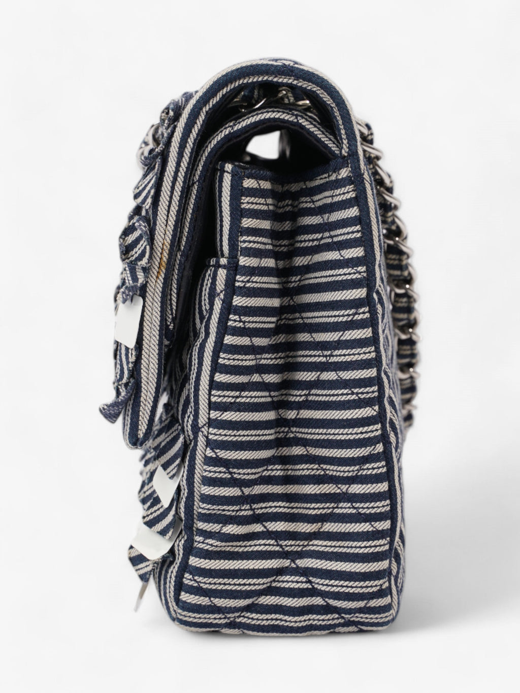 Chanel Classic Double Flap Navy Blue / White Cotton Medium