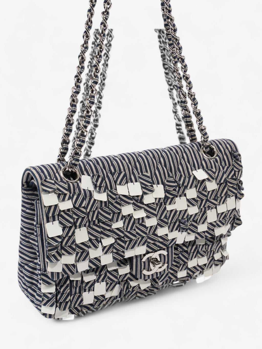 Chanel Classic Double Flap Navy Blue / White Cotton Medium