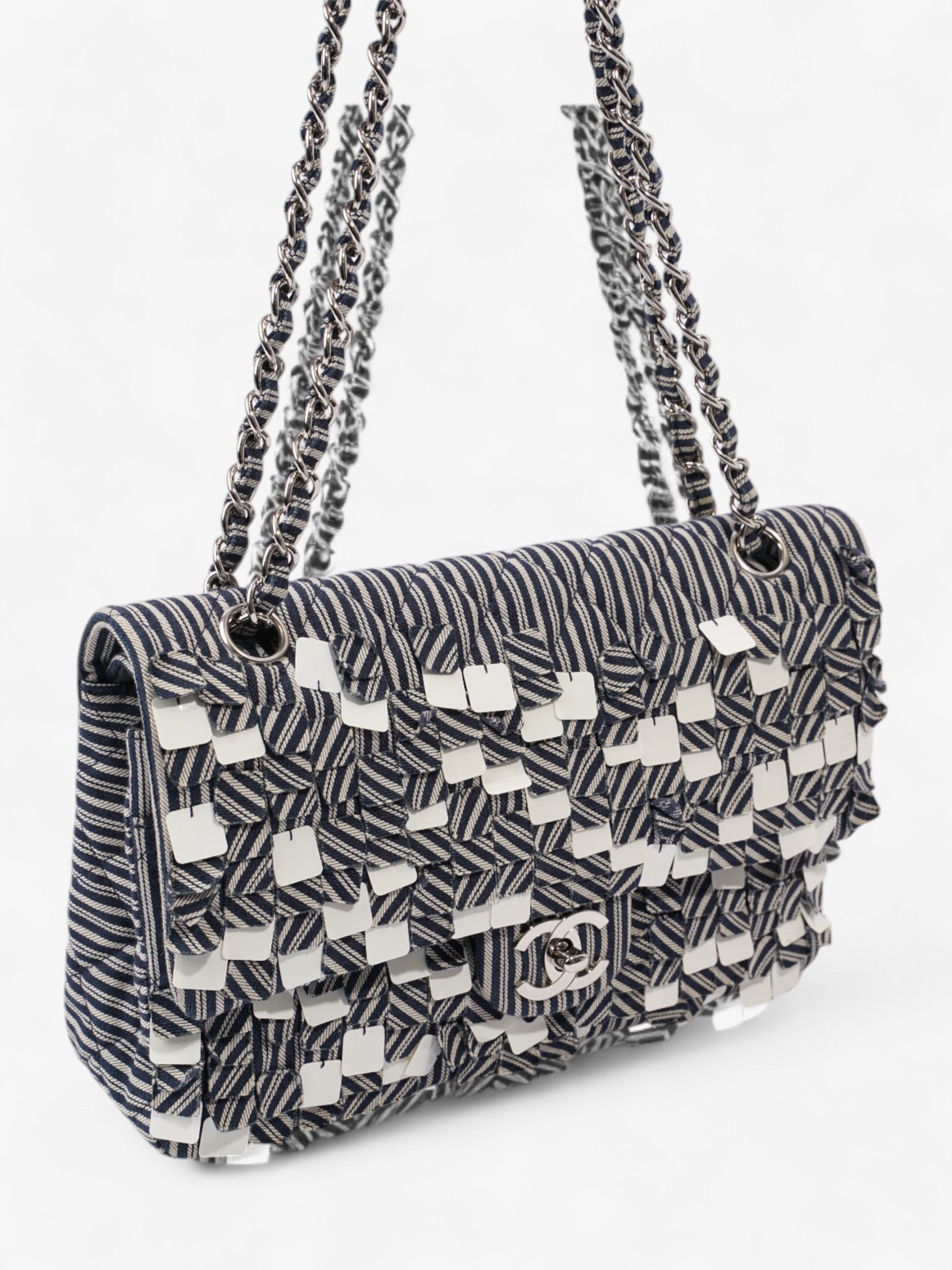 Chanel Classic Double Flap Navy Blue / White Cotton Medium