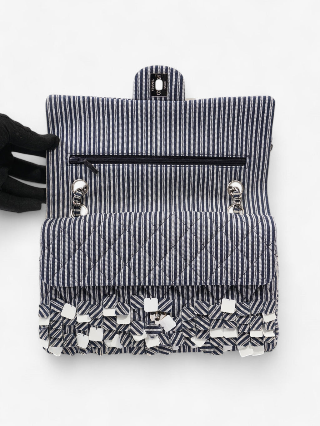 Chanel Classic Double Flap Navy Blue / White Cotton Medium