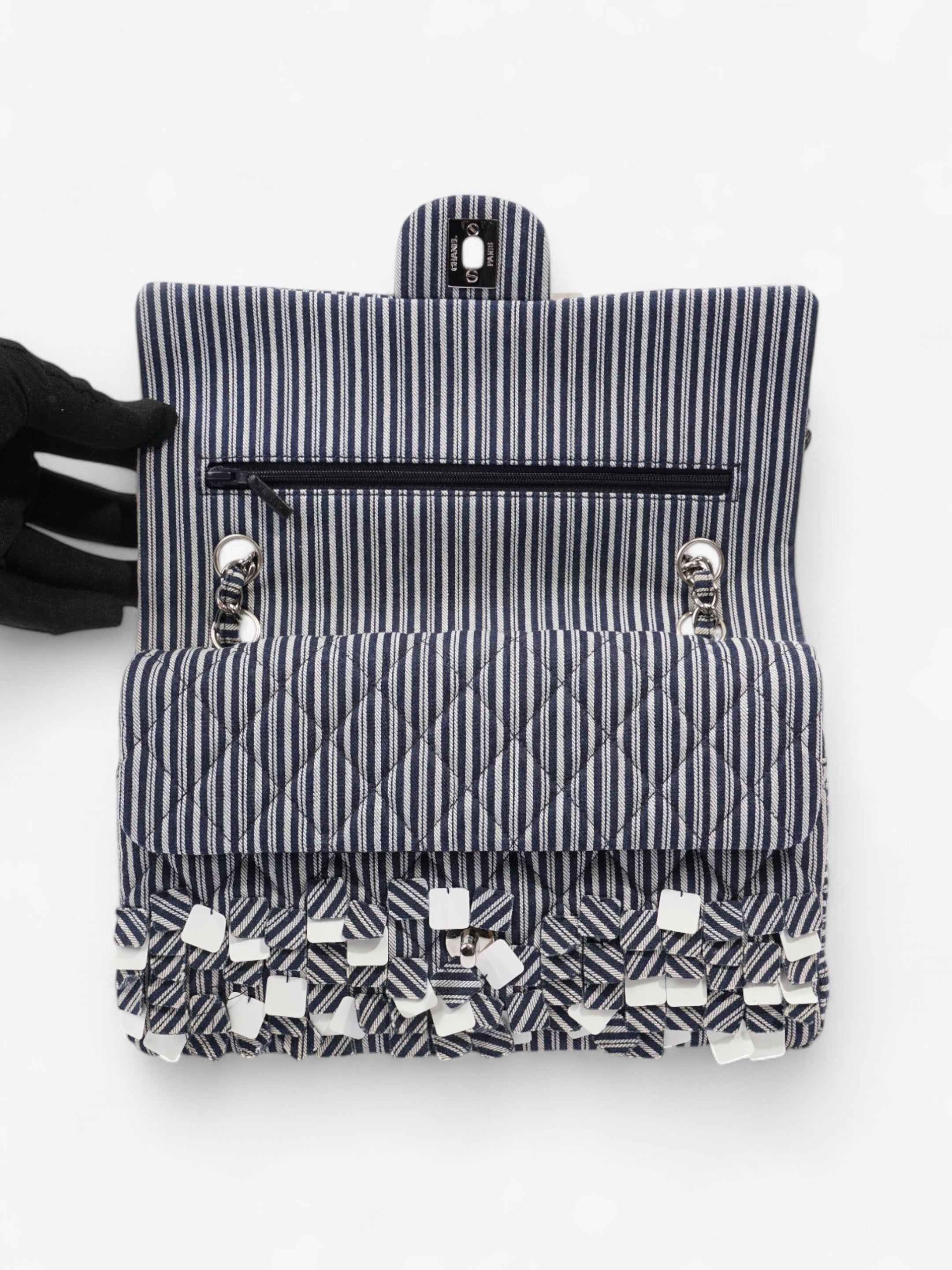 Chanel Classic Double Flap Navy Blue / White Cotton Medium