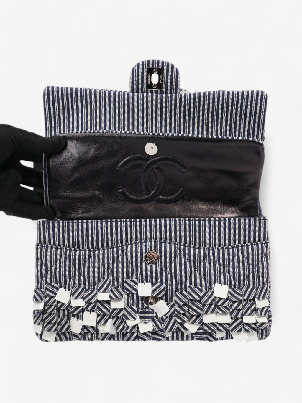Chanel Classic Double Flap Navy Blue / White Cotton Medium