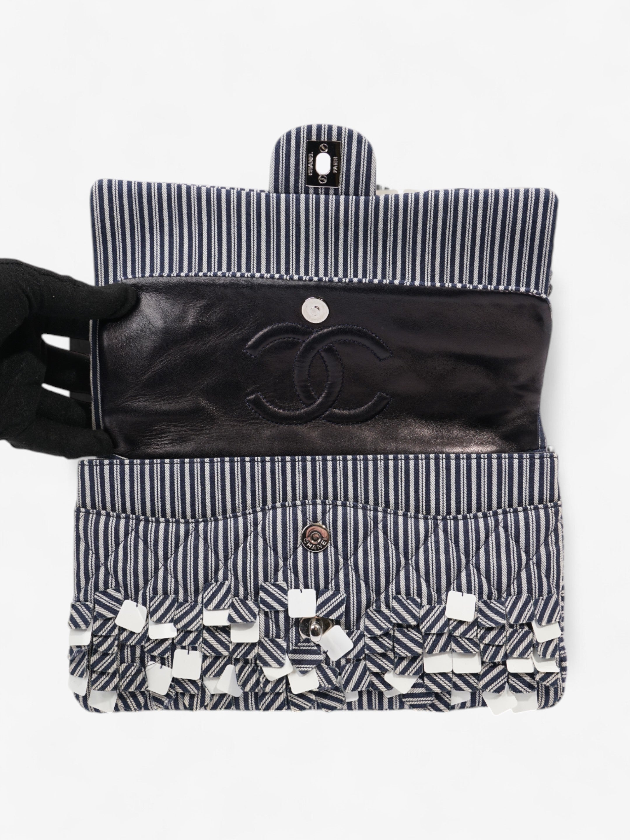 Chanel Classic Double Flap Navy Blue / White Cotton Medium