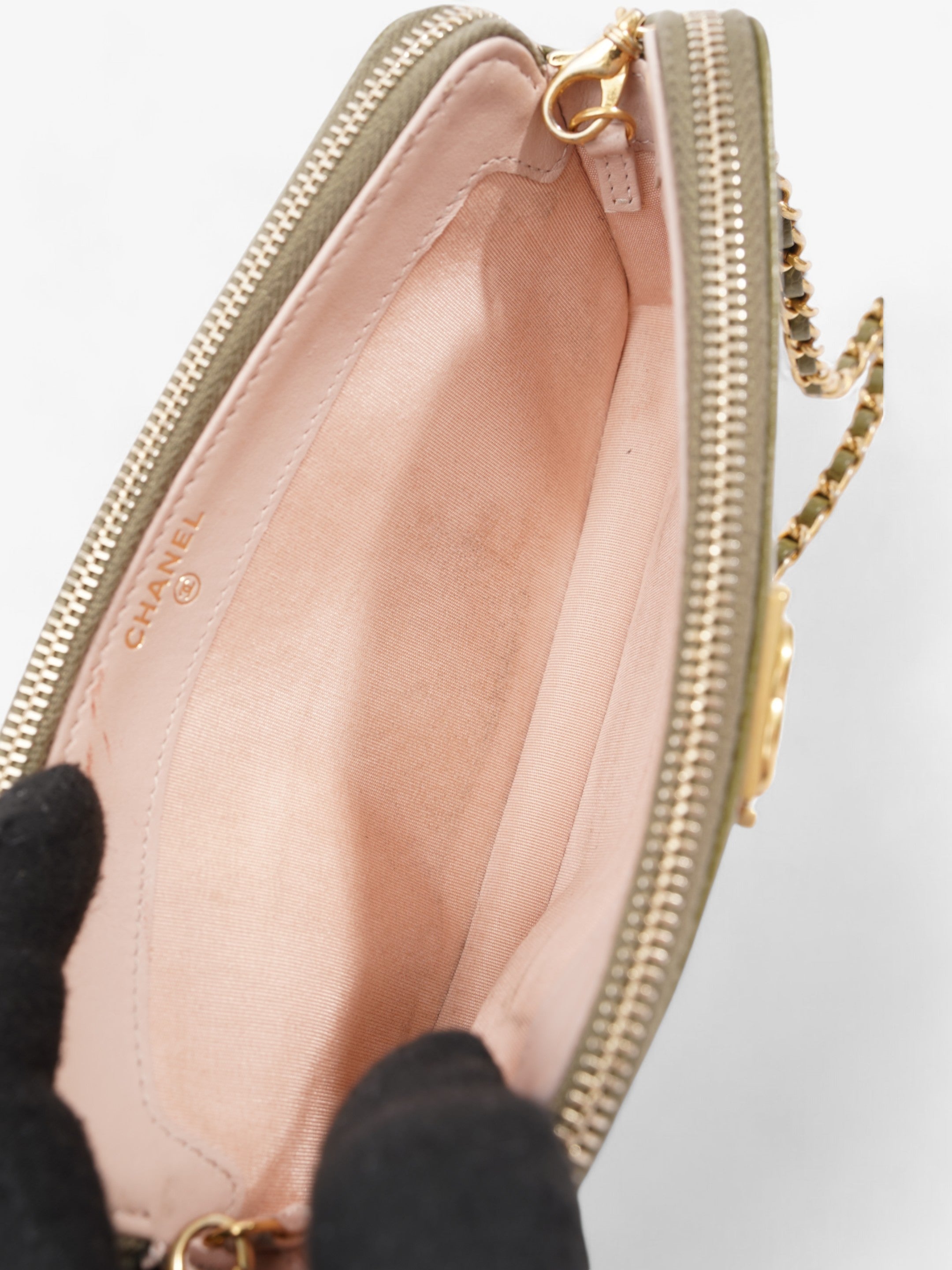 Chanel Double Zip Clutch On Chain Khaki Caviar Leather