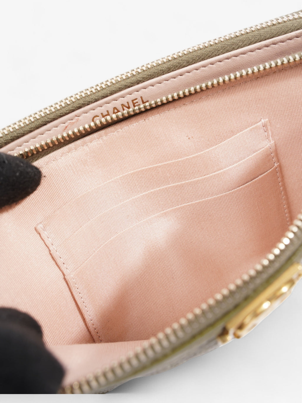 Chanel Double Zip Clutch On Chain Khaki Caviar Leather
