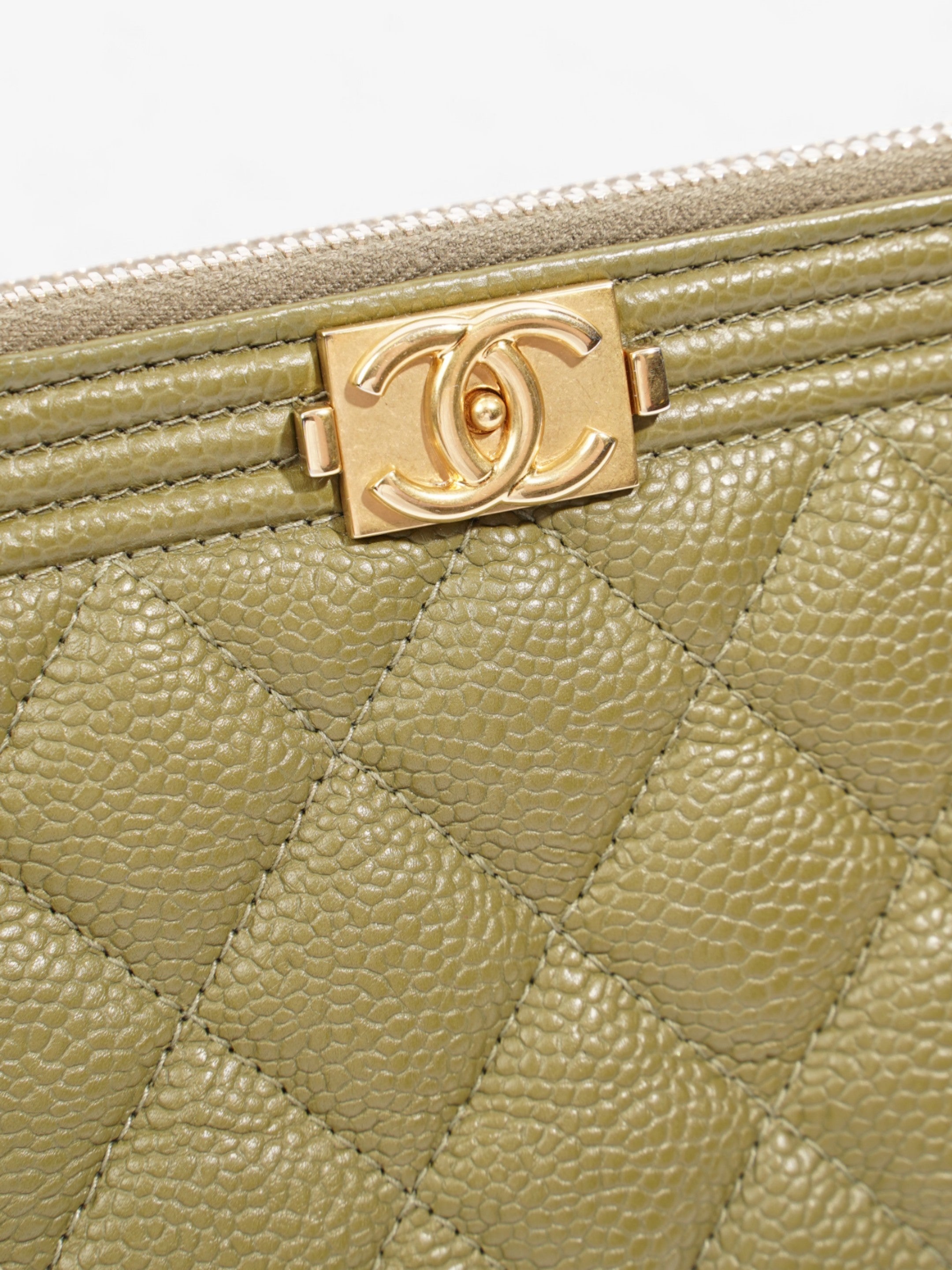 Chanel Double Zip Clutch On Chain Khaki Caviar Leather